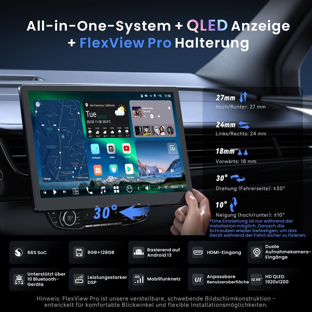 ATOTOZONE 12.9" QLED AI Android Autoradio 1 DIN, Floating Screen Auto, 8G+128G In-Dash Navigation,4G LTE, Kabelloses CarPlay & Android Auto, Dual-Phone & 2 Bluetooth,SCVC,GPS-Tracking,X10G129E