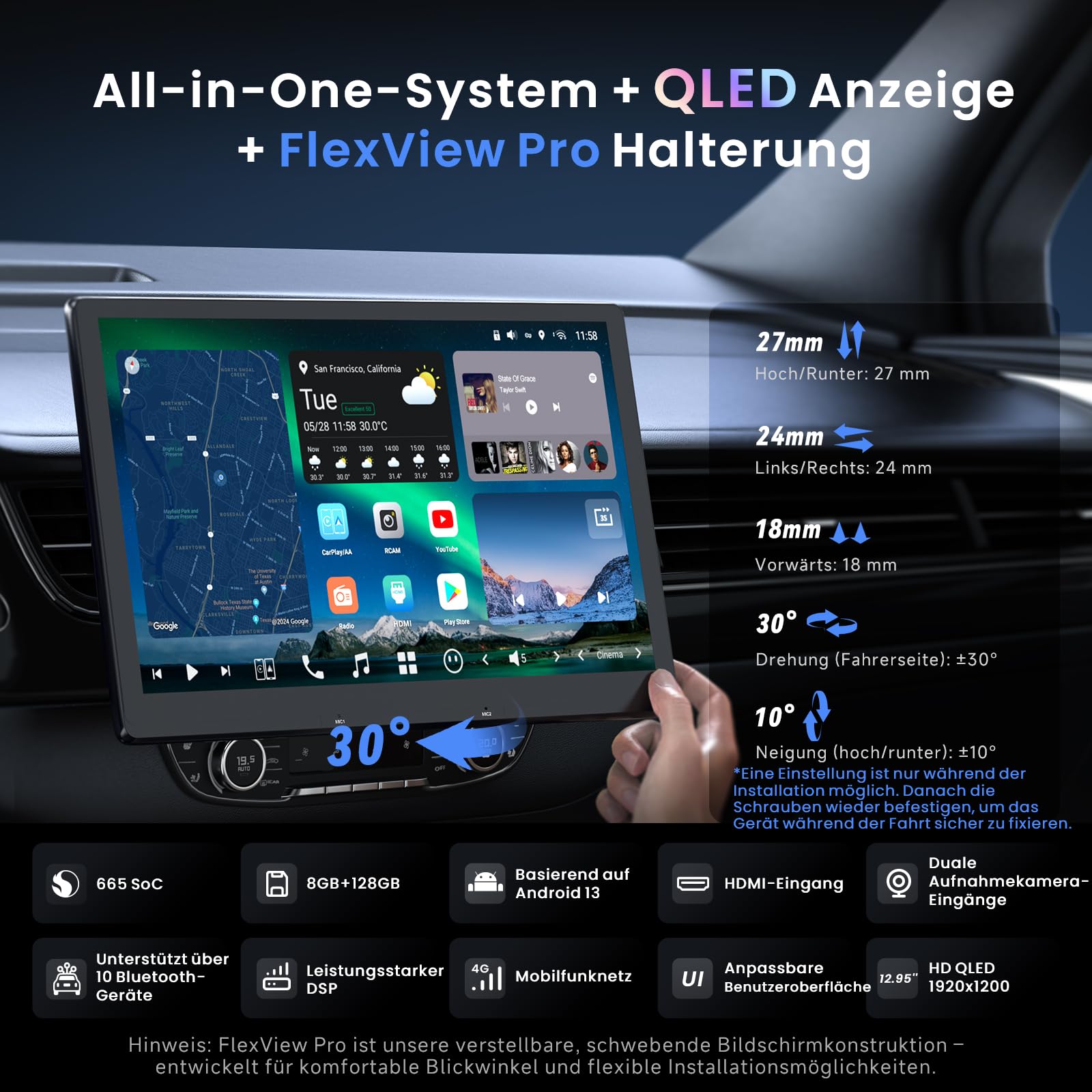 ATOTOZONE 12.9" QLED AI Android Autoradio 1 DIN, Floating Screen Auto, 8G+128G In-Dash Navigation,4G LTE, Kabelloses CarPlay & Android Auto, Dual-Phone & 2 Bluetooth,SCVC,GPS-Tracking,X10G129E