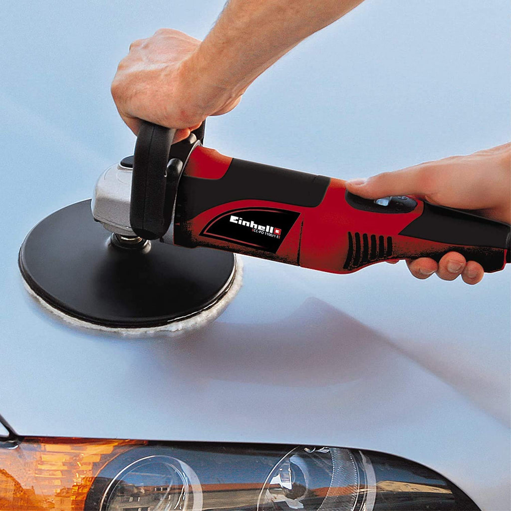 Einhell Polier- und Schleifmaschine CC-PO 1100/1E (1.100 W, bis 3.500 min-1, Drehzahlelektronik, Spindelarretierung, Kletthaftung, inkl. 1x Schaumstoffaufsatz, 2x Synthetikpolierhaube, Schleifpapiere)