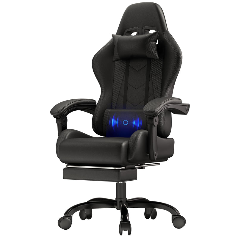 JUMMICO Gaming Stuhl Massage, Bürostuhl Ergonomisch Mit Massage-Lendenkissen, Gamer Stuhl verstellbare Rückenlehne 90-135°,und fußstütze, Gamingstuhl 150 kg belastbarkeit, Schwarz