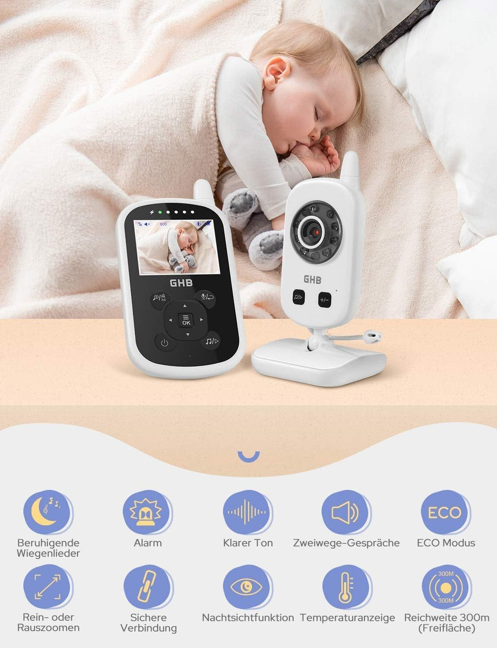 GHB Babyphone mit Kamera Video Baby Monitor 2,4 GHz Gegensprechfunktion ECO Modus Lange Akkulaufzeit Nachtsicht Temperatursensor Schlaflieder