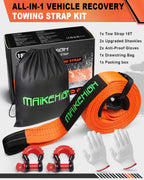 MAIKEHIGH Abschleppseil 15 Tonnen (33,700 Lbs), 6M x 7,6cm Abschleppgurt mit 2 Verbesserten Schäkeln Haken, 2 Handschuhen für Auto, LKW, SUV, Offroad (Orange)