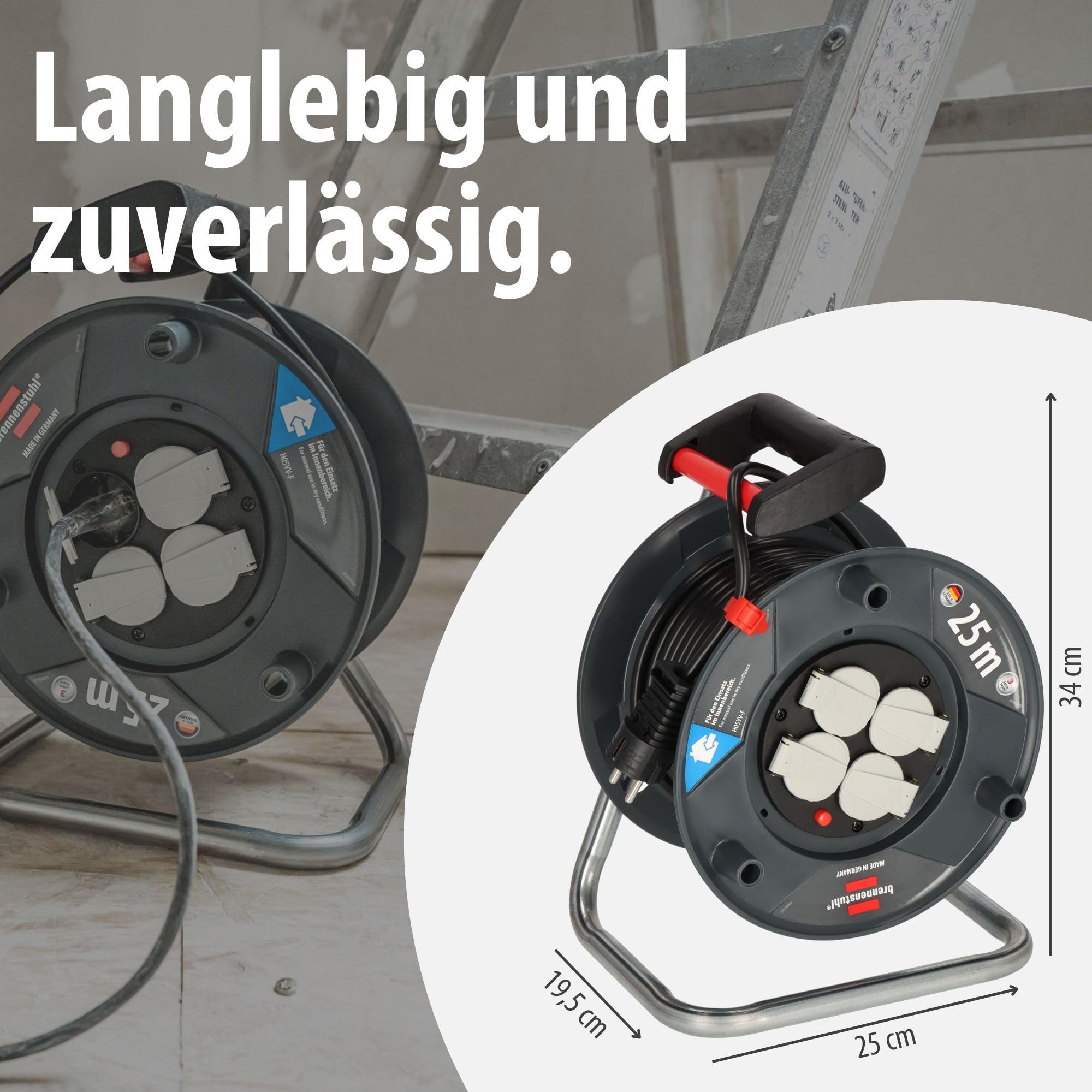 Brennenstuhl Garant V2 Kabeltrommel 25m Kabel (Made in Germany, 4 Schutzkontakt-Steckdosen, Überhitzungsschutz, Trommelkörper aus Spezialkunststoff)