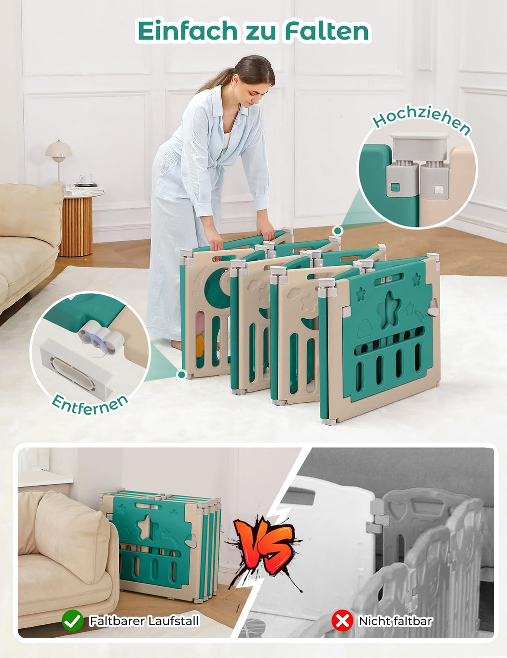 Dripex Laufstall Baby faltbar 150x150x62cm (14 Paneele) mit Spielboard, Laufgitter Baby, Kinderlaufstall & Babyzaun aus strapazierfähigem Plastik, Playpen für Innen & Außen, Braun