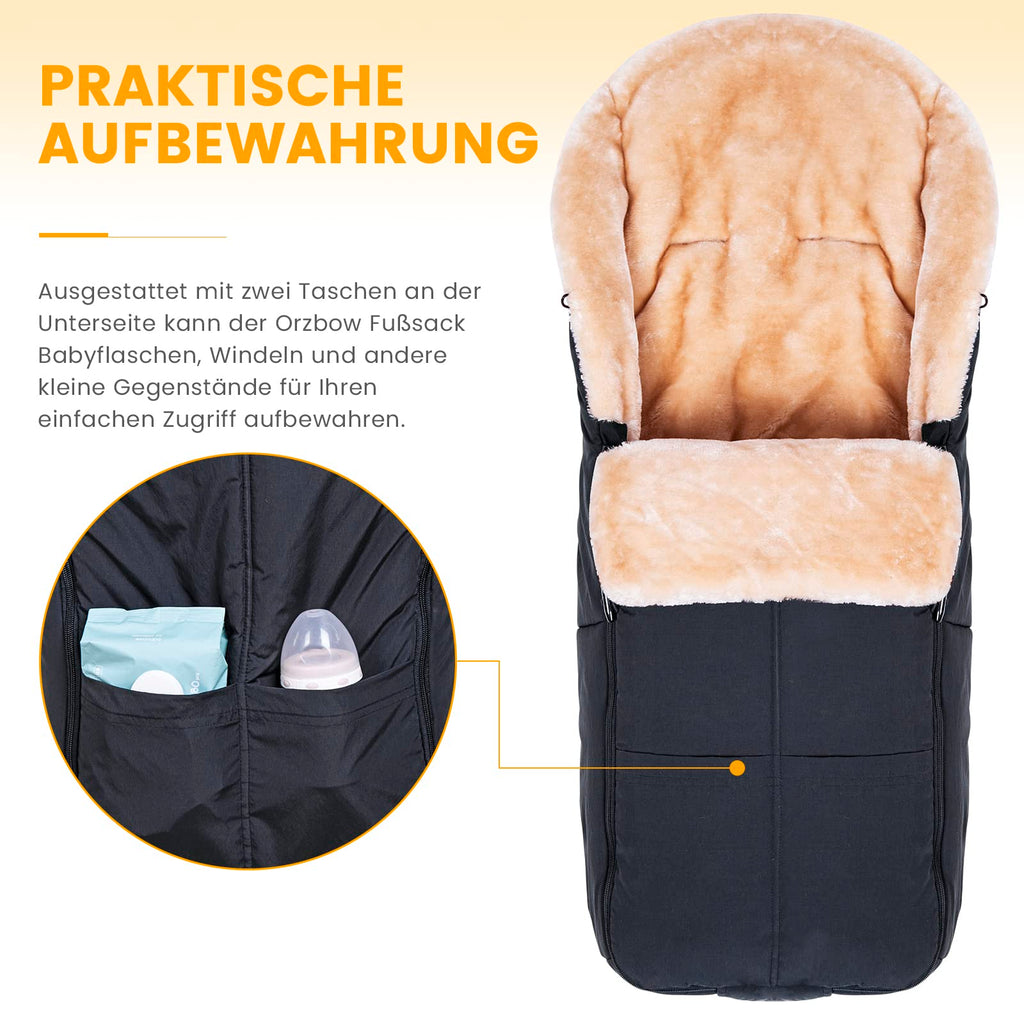 Orzbow Fußsack Buggy, Künstliches Lammfell Fußsack Kinderwagen Baby Winter mit Reißverschluss, Abnehmbar, Universelle & Wasserdicht, Maschinenwaschbar, Schwarz