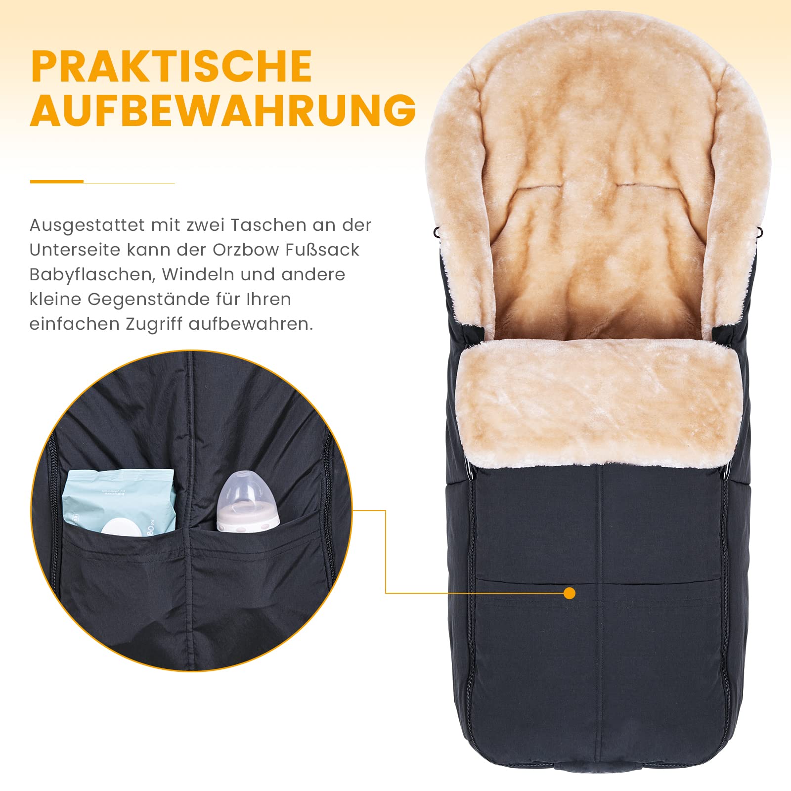Orzbow Fußsack Buggy, Künstliches Lammfell Fußsack Kinderwagen Baby Winter mit Reißverschluss, Abnehmbar, Universelle & Wasserdicht, Maschinenwaschbar, Schwarz