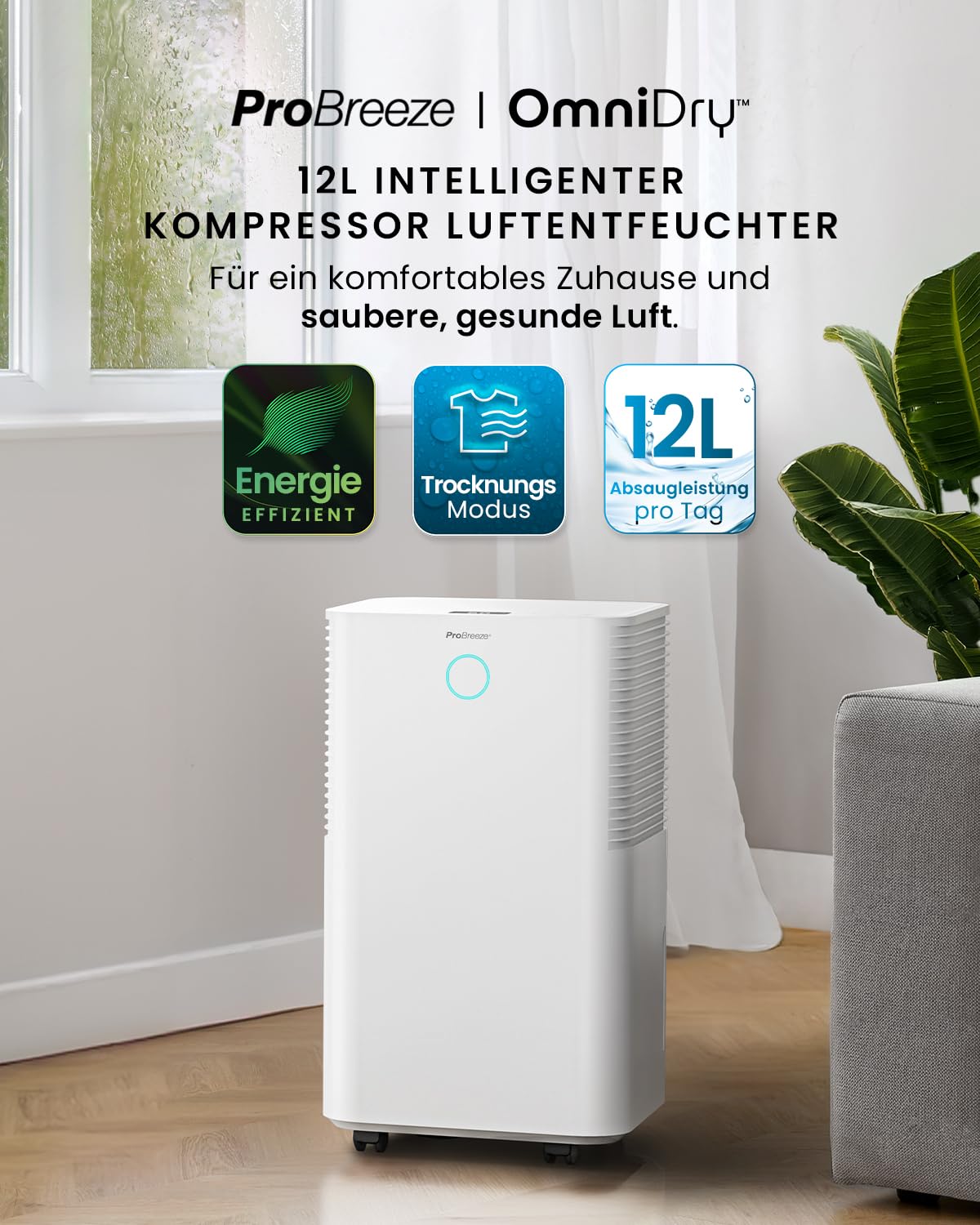Pro Breeze OmniDry Luftentfeuchter mit App & WLAN, 12L in 24h Entfeuchtungsleistung - Luftentfeuchter elektrisch mit Wäschemodus, Feuchtigkeitssensor, Timer - Gegen Schimmel - Entfeuchter für bis 25m²