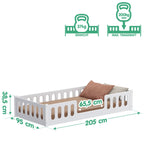 CADANI Monte 2in1 Bodenbett 90x200 cm Montessori Kinderbett Rausfallschutz abnehmbar - weiß, 37 kg schwer, bis 200 kg belastbar, extra starker Roll-Lattenrost, umbaubar