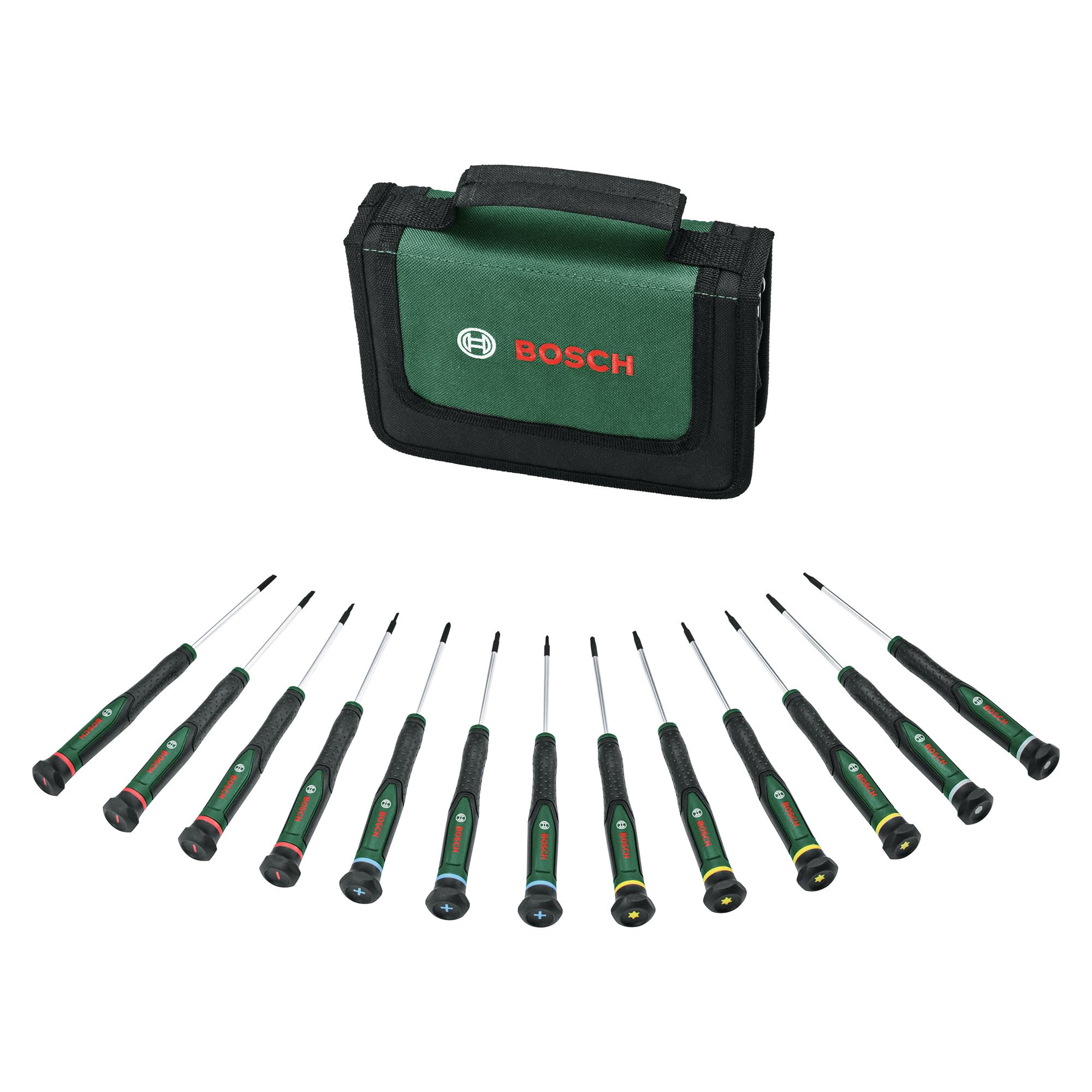 Bosch Präzisionsschraubendreher-Set 13-teilig (Präzise Schraubendreher für Heimwerken und Modellbau; S2-Stahl; Magnetische Spitzen; PH/SL/TX/HEX; Farbcodierte Größen; Softgrip)