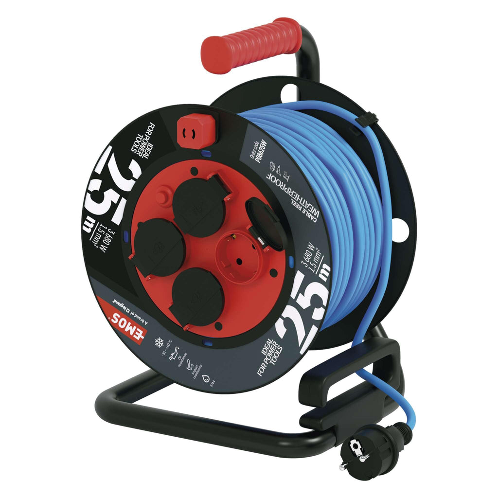 EMOS ganzjährige Outdoor-Kabeltrommel mit Silikon-Isolierung, 25m Kabel 1,5 mm2 mit 4 Schuko Steckdosen, IP44 wasserdicht und frostbeständig für Außenbereich, Industrie, Baustelle