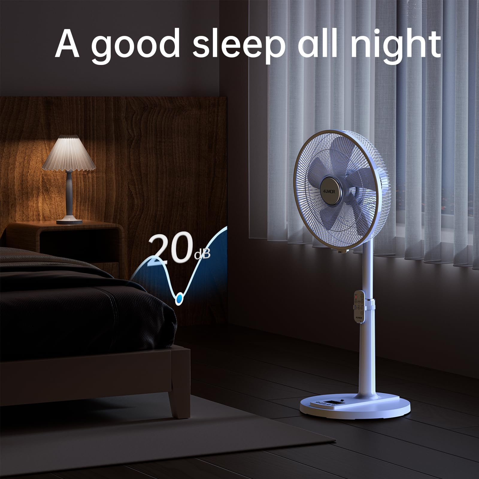 4UMOR Standventilator leise 24W 20dB DC Motor 9 Geschwindigkeiten Oszillation90° verstellbar Ventilator mit Fernbedienung 9H Timer 41cm Durchmesser Ventilator leise 80% Energie Sparen