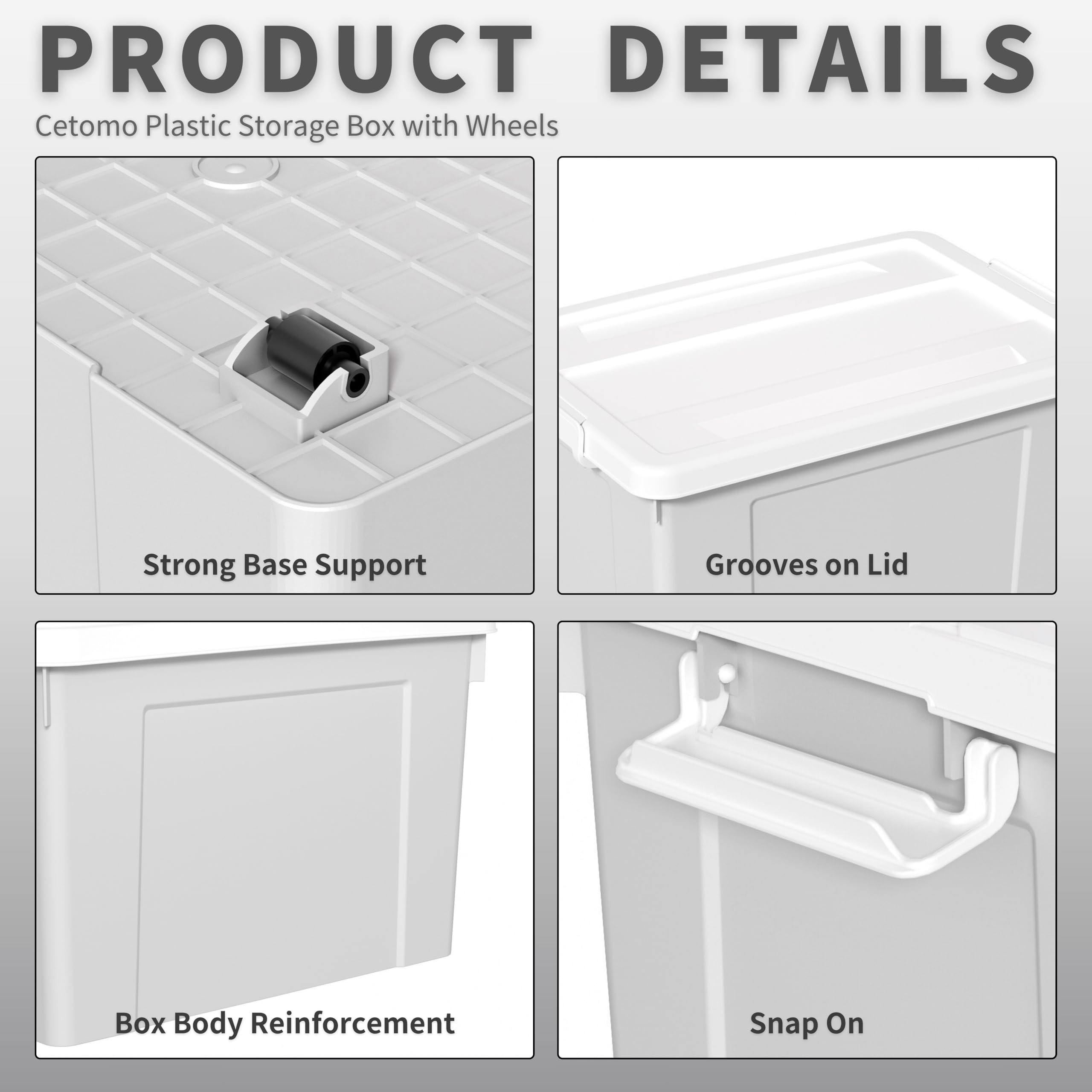 Cetomo 90L*6 Aufbewahrungsboxen, Aufbewahrungsbox mit Rollen & Deckel, Organizer-Behälter mit Clips, Stapelbar, Ineinander Nestbar, für Zuhause und Büro, Kunststoff, Grau, 90L-6er Pack