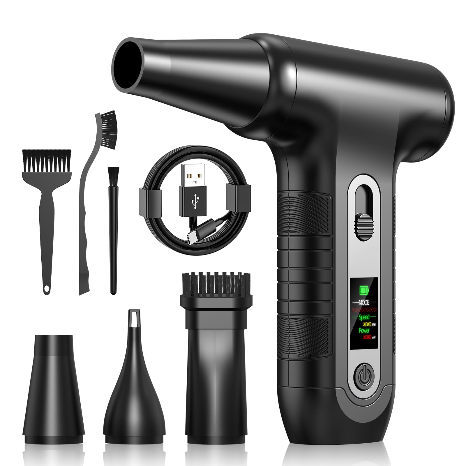 Elektrische Staubgebläse mit HD-Display - Electric Air Duster 200000 RPM mit LED-Licht, Mini-Gebläse mit Akku, Druckluftspray PC Reinigung, Luftgebläse für Tastatur, Haus, Outdoor, Auto, W06, Schwarz