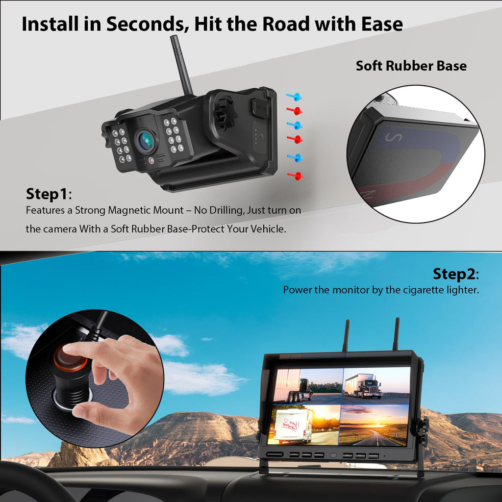 4 Magnetische Rückfahrkamera Kabellos, 10 Zoll 1080P FHD Monitor, 9600mAh Wiederaufladbare Akku, 1-Min Einrichtung, IP69K Wasserdicht Rückfahrkameras für Wohnmobile,Anhänger und LKWs