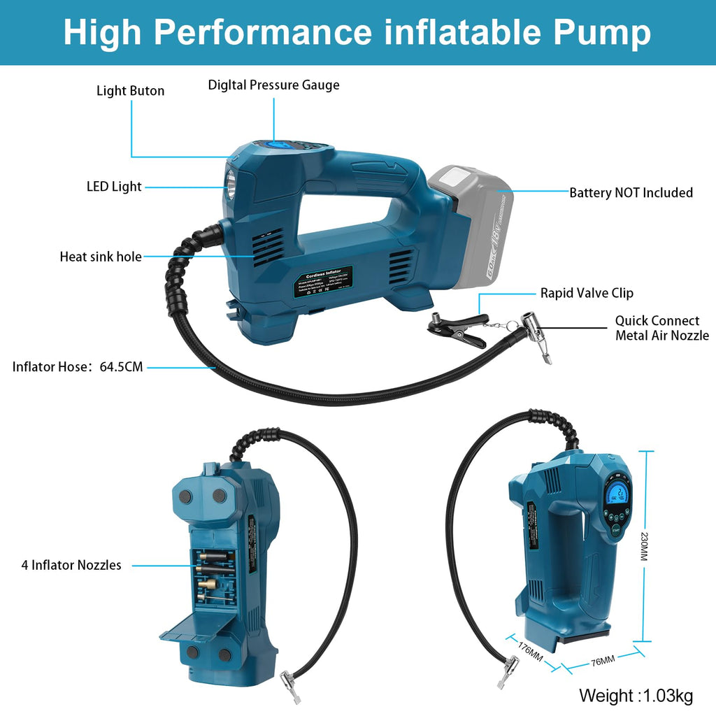 QUPERR Akku Kompressor kompatibel mit Makita 18V Akku, Elektrischer Luftkompressor bis 10,34 bar mit LED-Licht & Autostopp, Tragbare Luftpumpe für Auto, Motorrad, Fahrrad, Bälle (ohne Akku)
