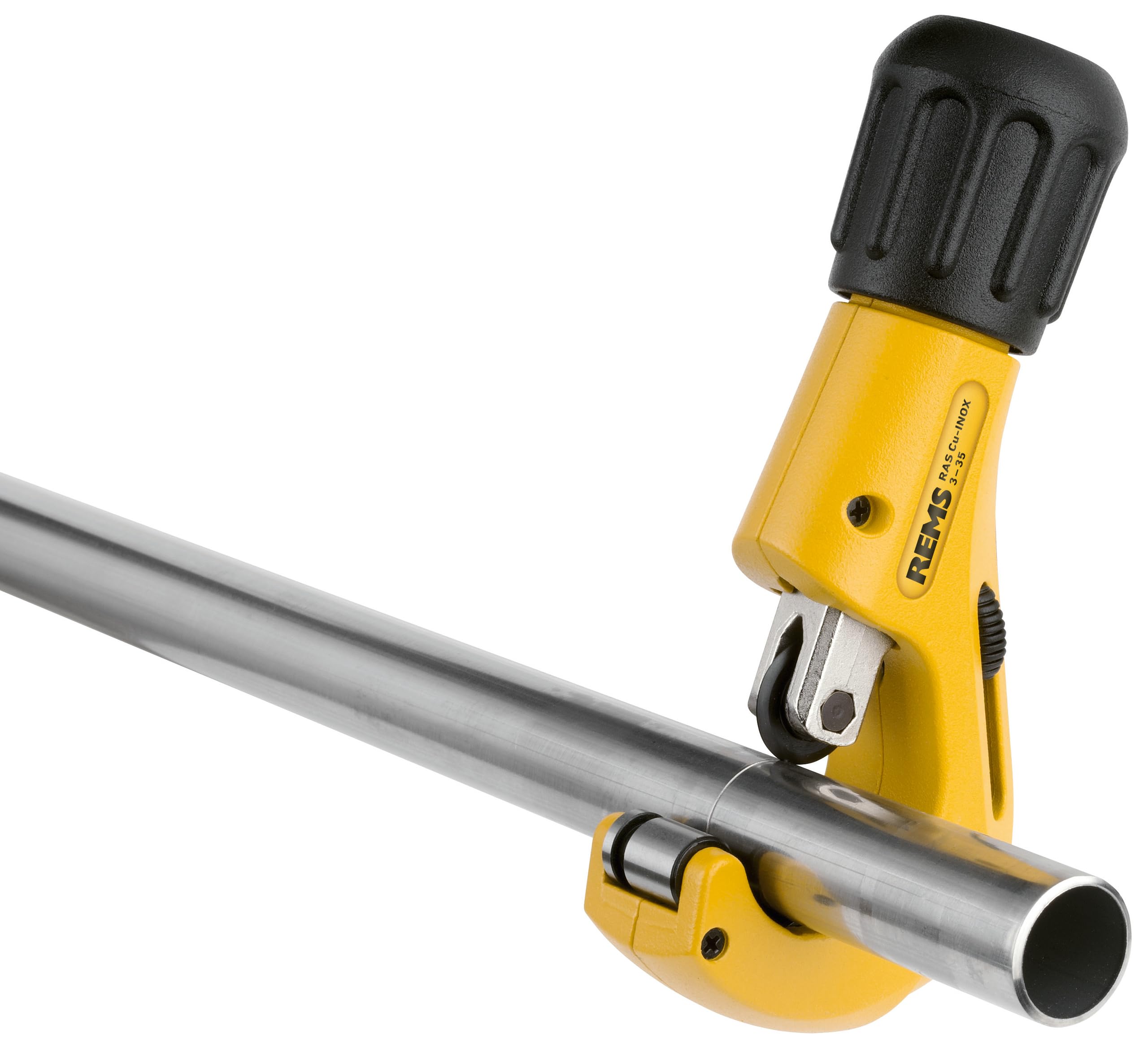 REMS RAS Cu-INOX (mit Teleskopspindel, mit 4 spezialgehärteten Gegendruckrollen, ergonomischer Drehgriff, einfacher Schneidradwechsel, Rohrabschneider) 113350 R