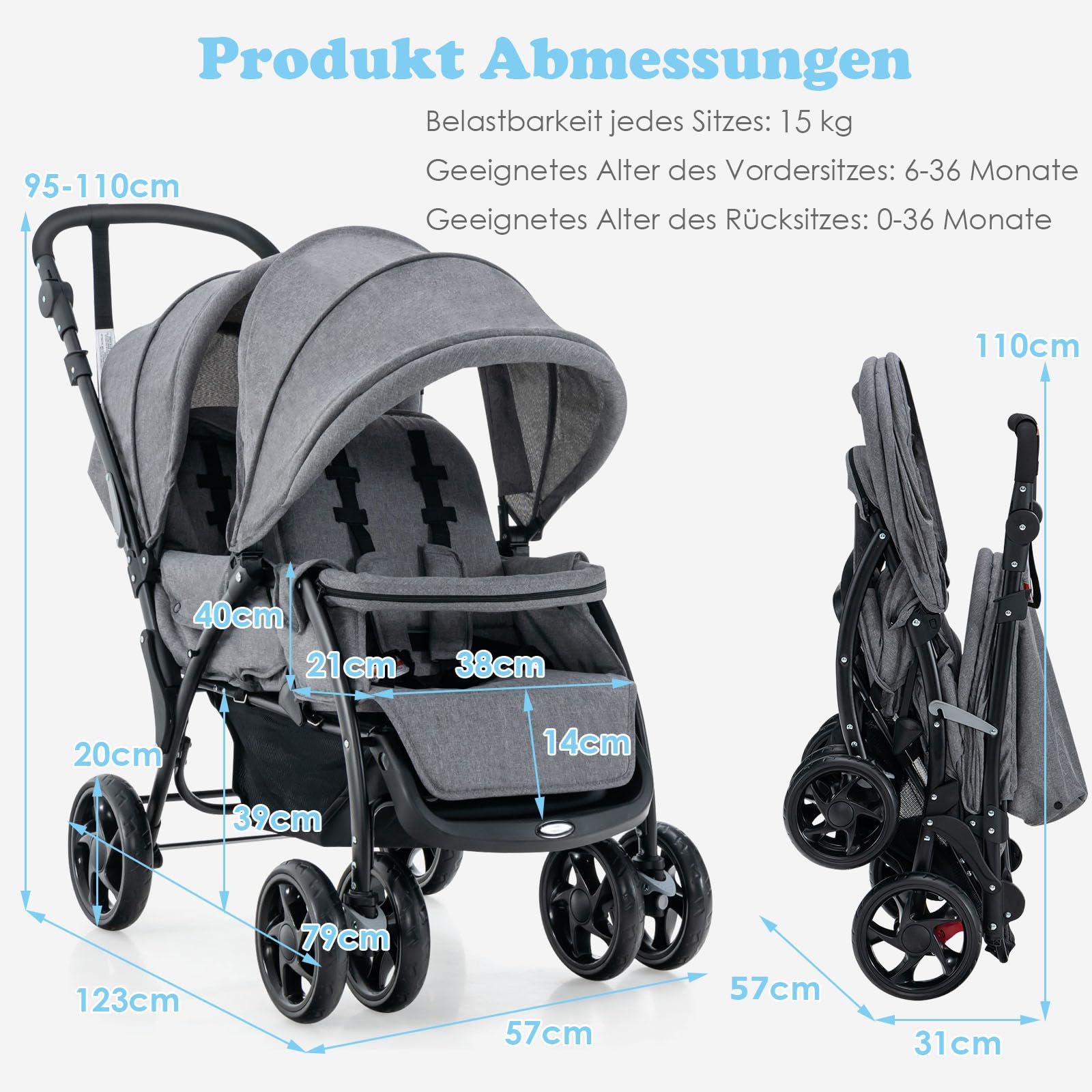 GOPLUS Geschwisterwagen Zwillingswagen, Kinderbuggy Klappbar, Buggy Zwilinge, Kinderwagen Babybuggy, Babywagen Grau, für Babys ab 6 Monate (Grau)