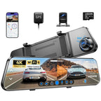 AZDOME PG17 4K 12" Spiegel Dashcam Auto, WiFi Rückspiegelkamera mit wasserdichter 1080P-Rückkamera, 64GB Karte enthalten, WDR-Nachtsicht, GPS, Sprachsteuerung, Fahrassistent