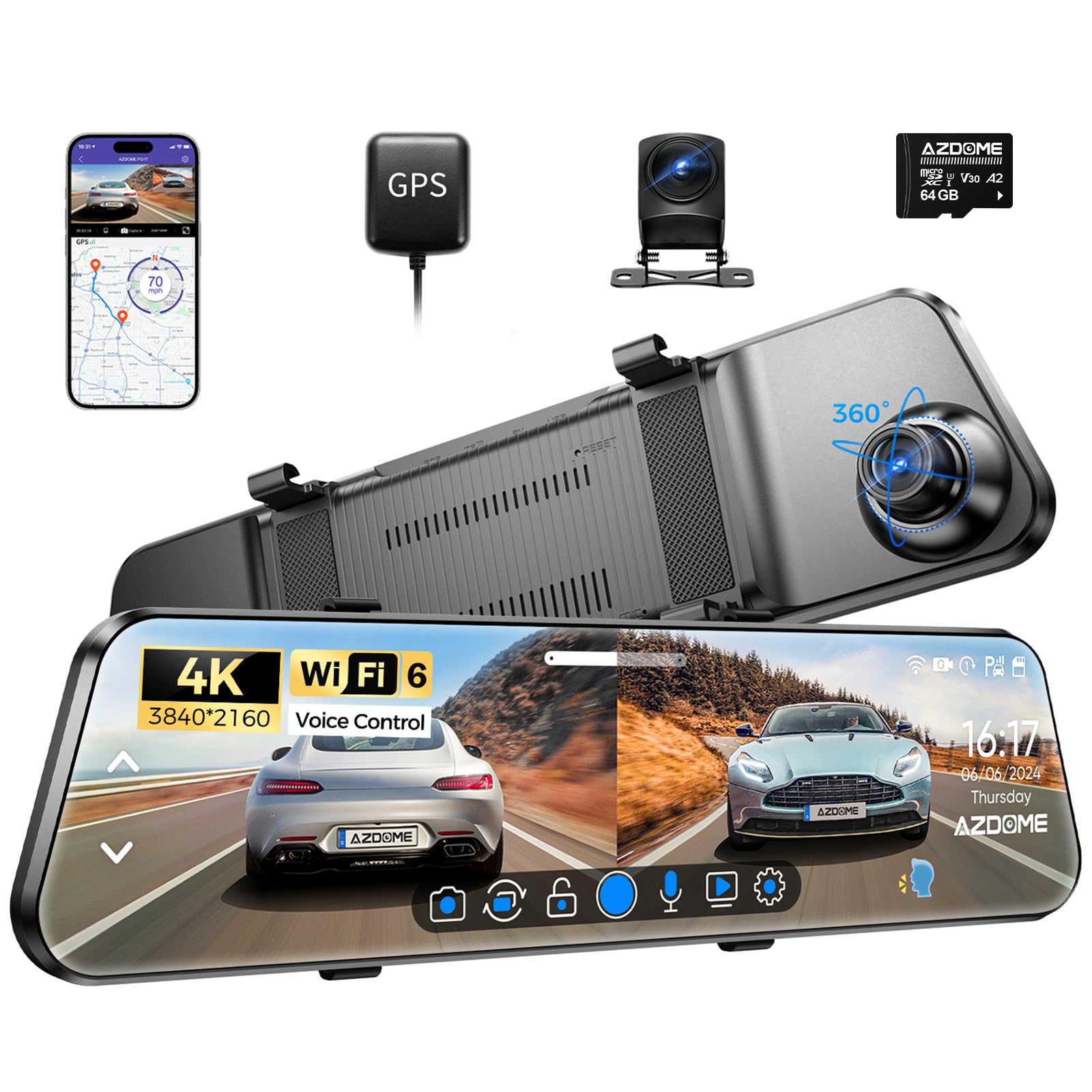 AZDOME PG17 4K 12" Spiegel Dashcam Auto, WiFi Rückspiegelkamera mit wasserdichter 1080P-Rückkamera, 64GB Karte enthalten, WDR-Nachtsicht, GPS, Sprachsteuerung, Fahrassistent