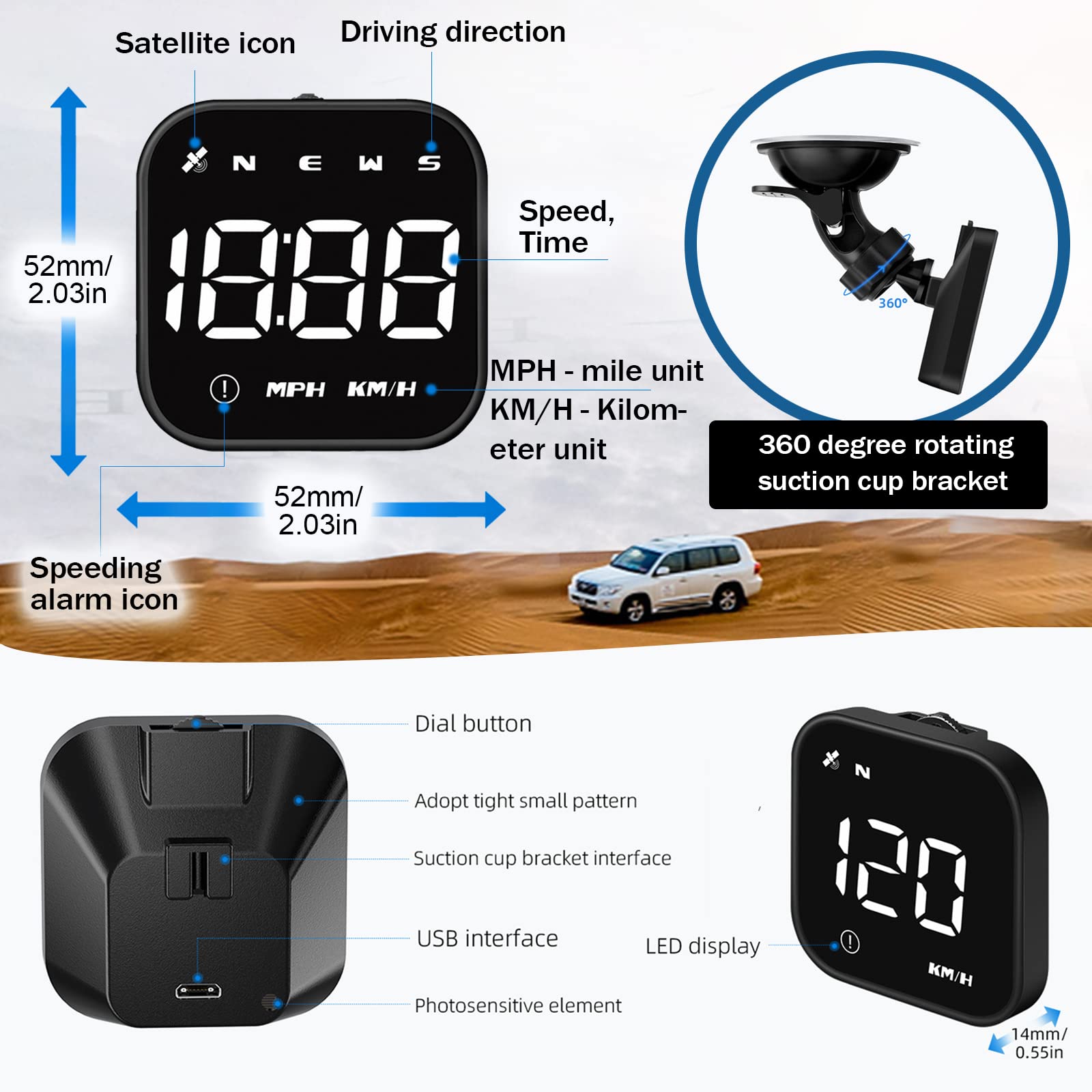 iKiKin Head Up Display Auto HUD Display KMH MPH GPS Smart Tachometer, 2.0'' LCD Bildschirm mit Übergeschwindigkeitsalarm Ermüdungswarnung, Navigationskompass für alle Fahrzeuge