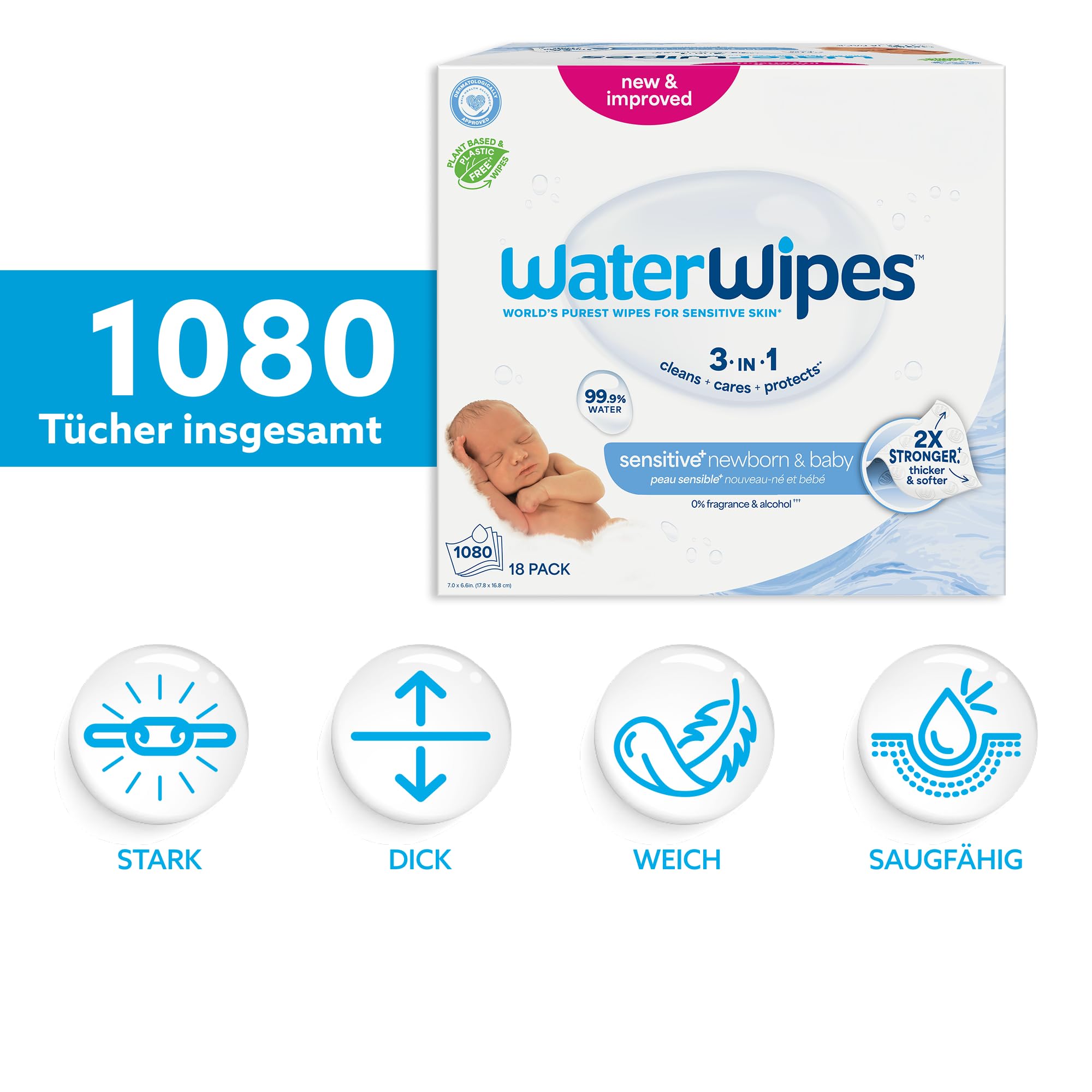 WaterWipes Sensitive+ Newborn & Baby Wipes, Feuchttücher für Neugeborene und Babys, 1080 Stück (18 Packungen), 3-in-1-Reinigung, Pflege, Schutz, 99,9% Wasser, parfümfrei