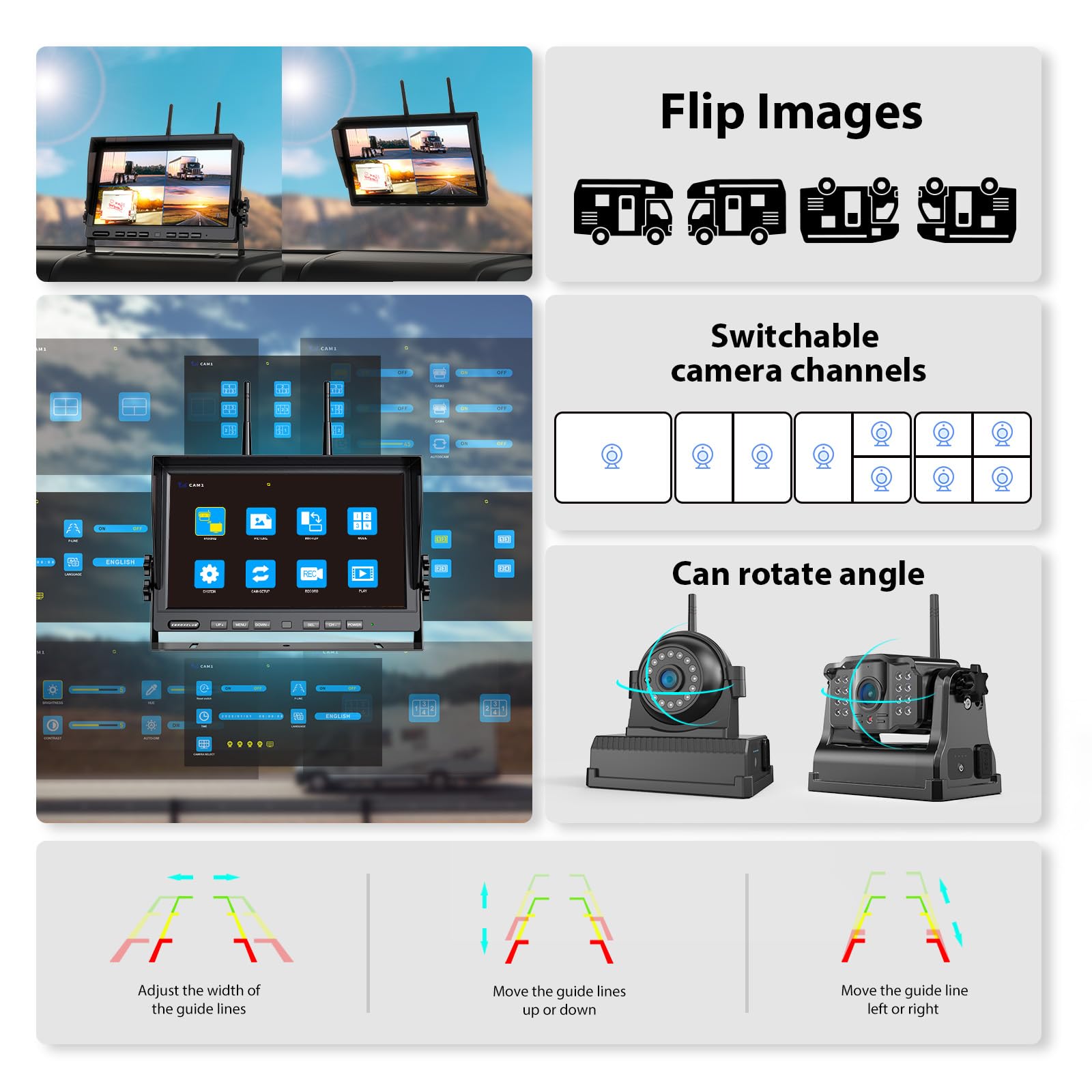 4 Magnetische Rückfahrkamera Kabellos, 10 Zoll 1080P FHD Monitor, 9600mAh Wiederaufladbare Akku, 1-Min Einrichtung, IP69K Wasserdicht Rückfahrkameras für Wohnmobile,Anhänger und LKWs