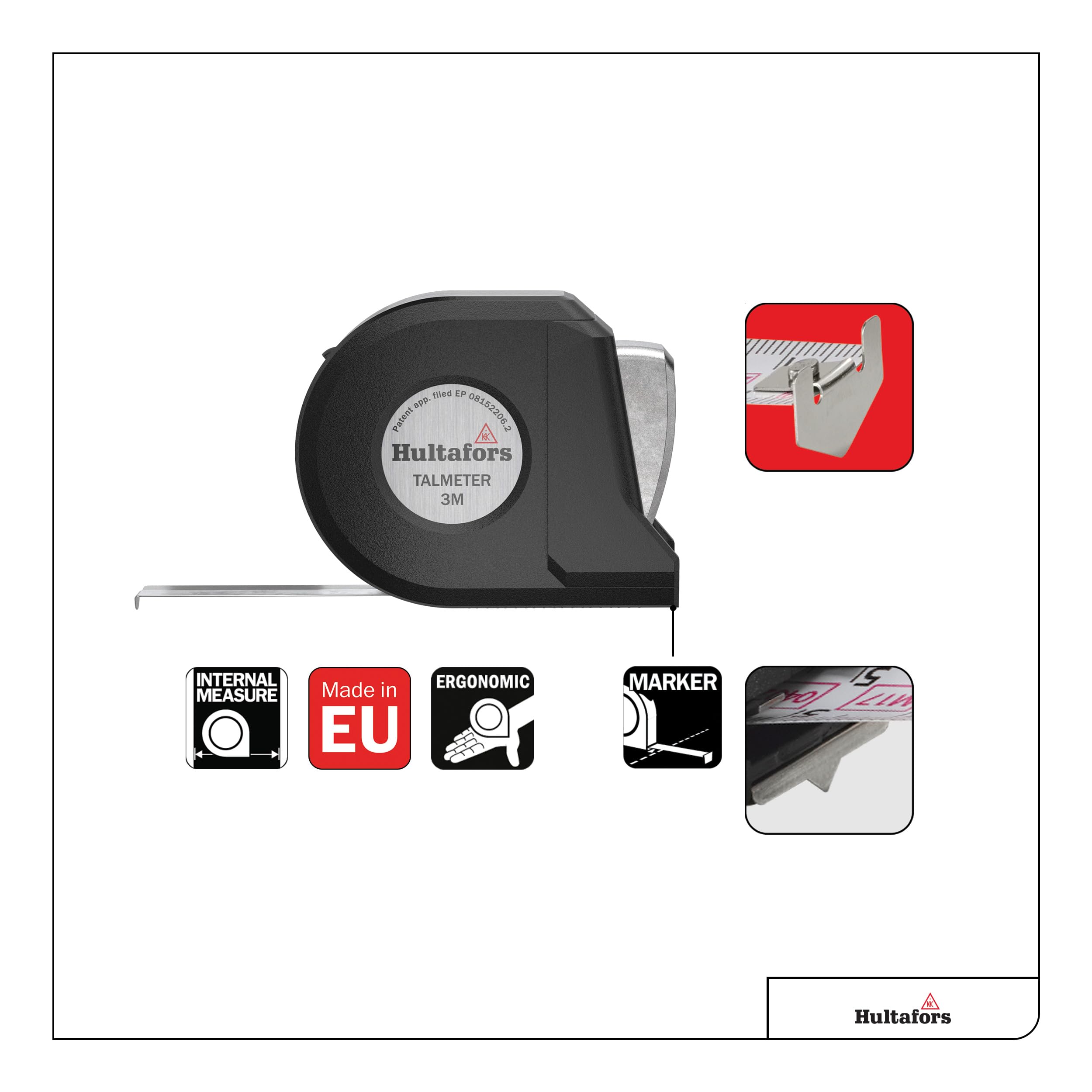 Talmeter Bandmaß 3 Meter I Hultafors I 7-in-1 Massband mit patentierter Zusatzfunktion für Innen- und Aussenmessungen I Genauigkeitsklasse II I Made in EU I 359203