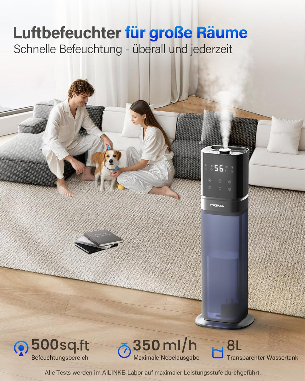 YOKEKON Luftbefeuchter, Luftbefeuchter Schlafzimmer, Kalt Nebel Befeuchter für große Räume, humidifier, 8L Ultraschall befeuchter für das Haus, Top Füllen, Erweitertes Tube, Stille Pflanze Büro, blau