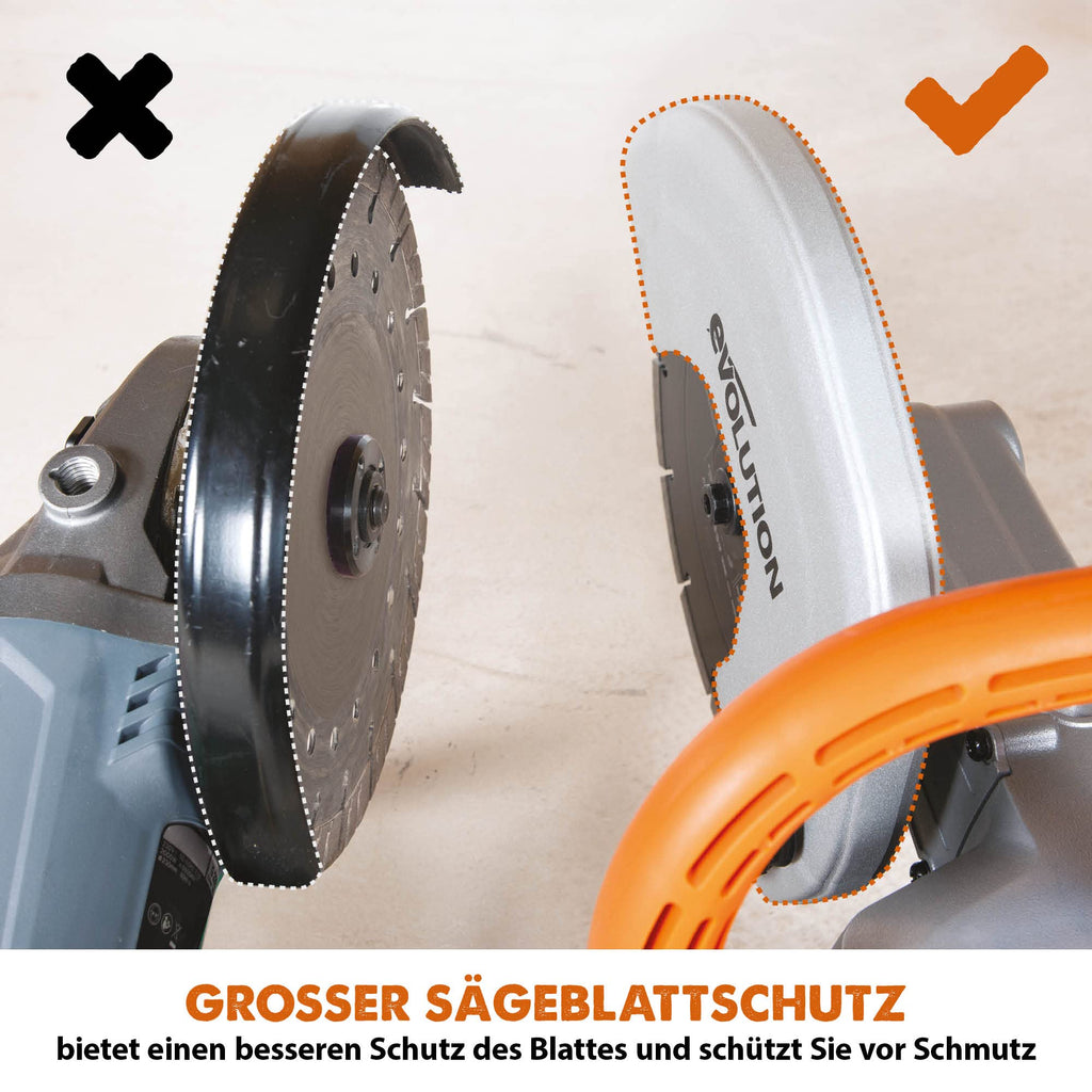 Evolution R230DCT Betonsäge Elektrische Steinsäge 2000W Steinschneidemaschine 230 mm Scheibendurchmesser Sägeblatt Diamantblatt Nicht Enthalten, 90 mm Schnitttiefe, Schneidet Mauerwerk und Beton