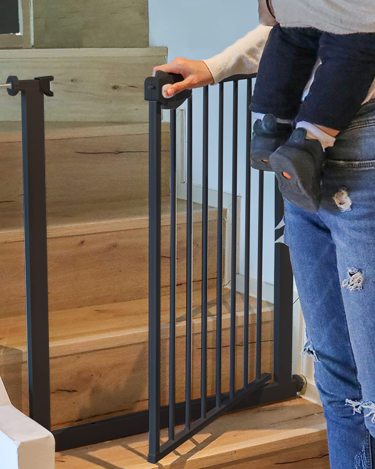 UBRAVOO Babygitter für Türen und Treppen, Höhe 100cm, Sicherheits-Haustiergitter, Spannungstyp, automatische Schließung, hohe Ausführung, dreifache Verriegelung, offen (Breite: 105-114cm)