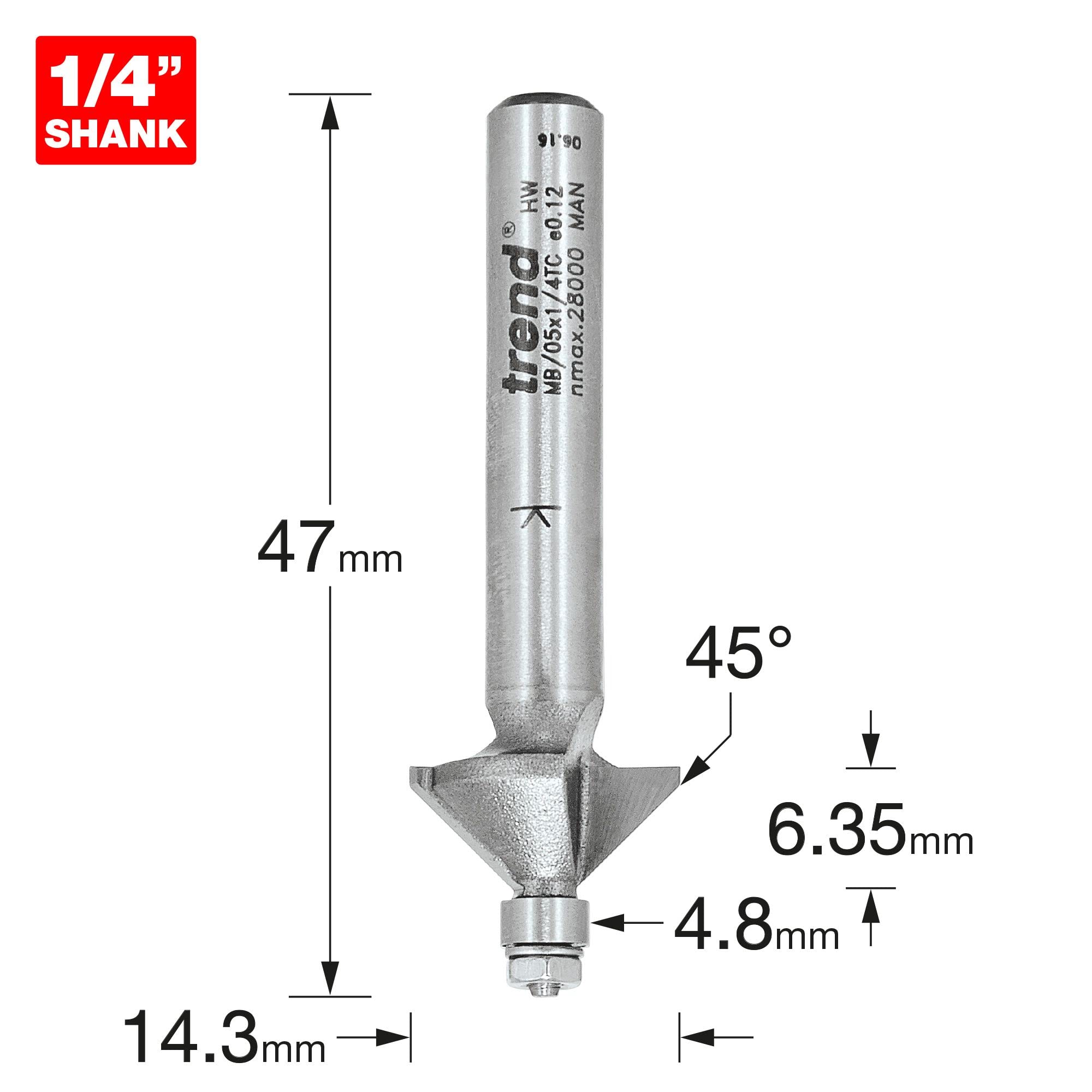 Trend Professioneller Mini-Fasenfräser 45 Grad, 1/4 Zoll Schaft, 14,3 mm Schnittdurchmesser, 6,35 mm Schnittlänge, Hartmetallbestückt, MB/05X1/4TC