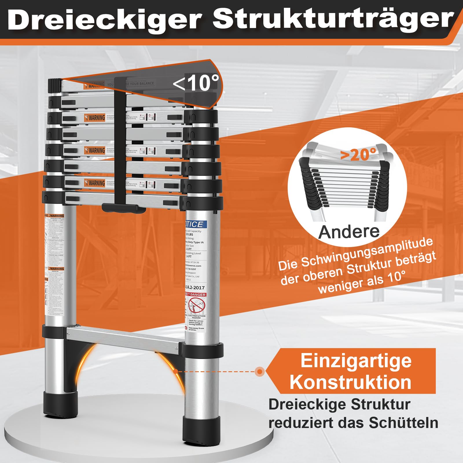 HBTower Teleskopleiter 2,6 m aus Aluminium, Klappbare Ausziehleiter mit Rutschfesten Füßen, Leicht & Stabil, Tragkraft 150 kg, Ideal für Heimwerker & Wohnwagen, Silber