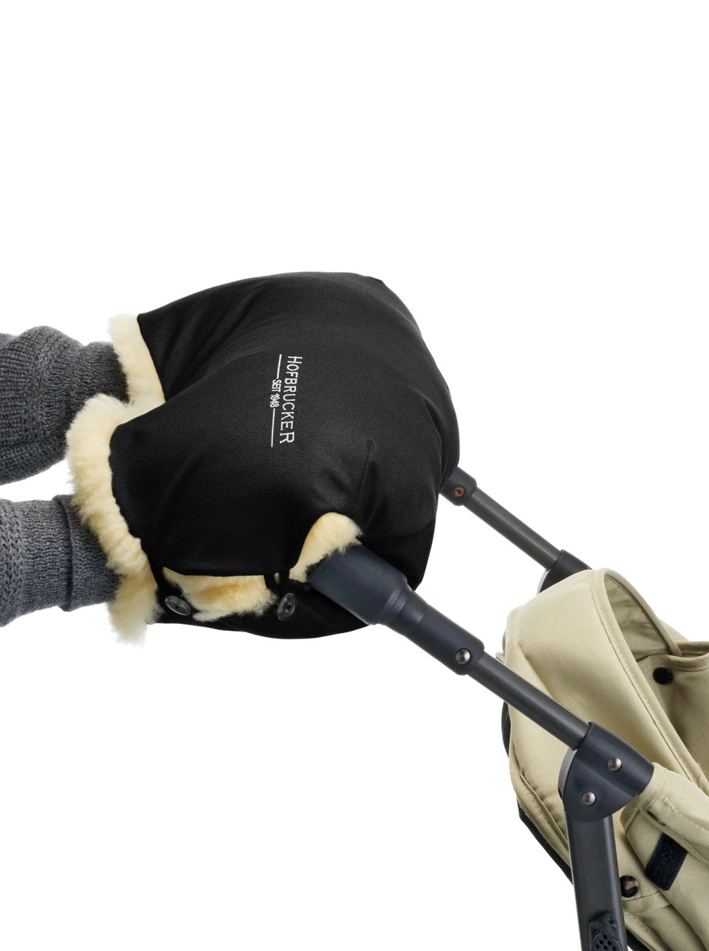 Hofbrucker Handwärmer, Handmuff aus echtem Lammfell für Kinderwagen, Buggy, Sportwagen, warme Handschuhe, wasserabweisend, windabweisend, Farbe: schwarz