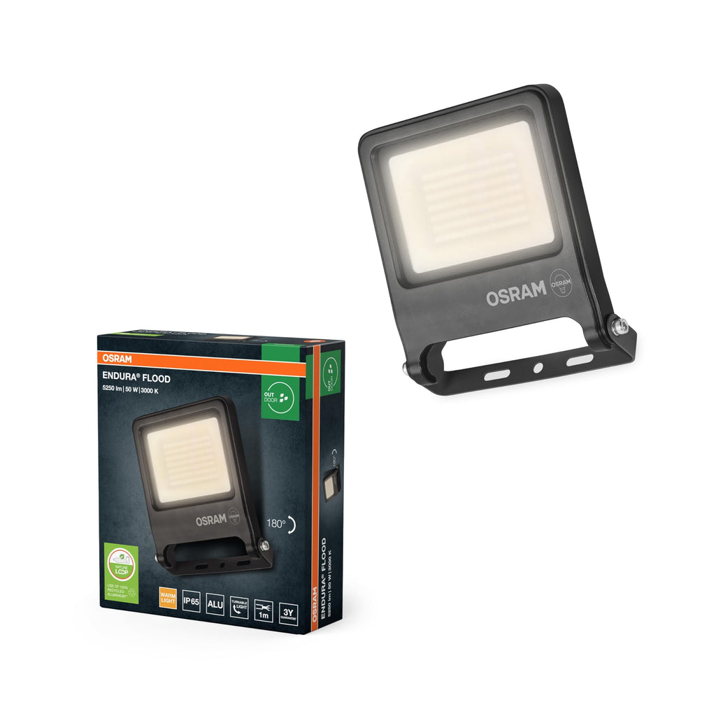 Osram ENDURA FLOOD PC 50W LED-Fluter, 3000K warmweiß, 5000 Lumen, IP65 Flutlicht, nachhaltiges Aluminium, 100 lm/W Effizienz, Dunkelgrau