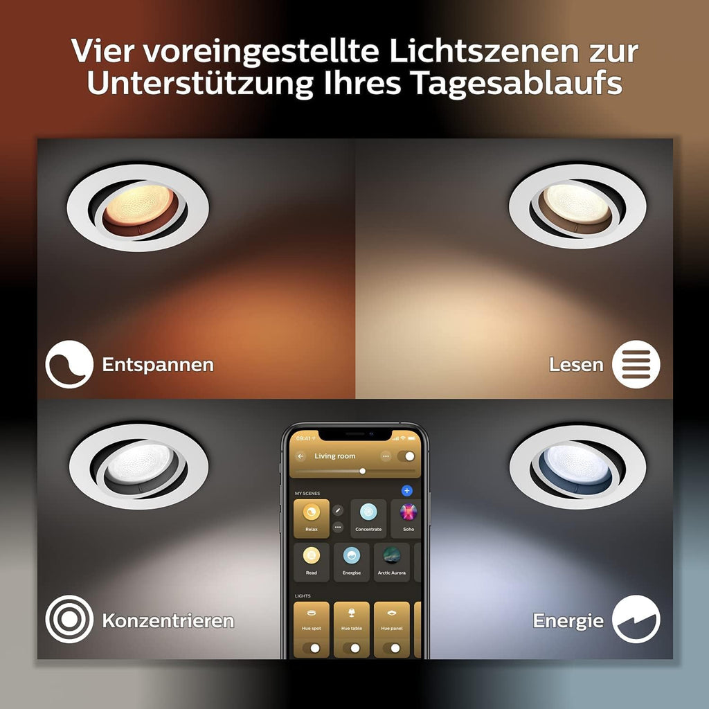 Philips Hue White & Color Ambiance Centura runde Einbauspots 3er Pack (1.050 lm), dimmbare Deckenlampen mit 16 Mio. Farben, smarte Lichtsteuerung über Sprache und App, schwarz, neue Generation