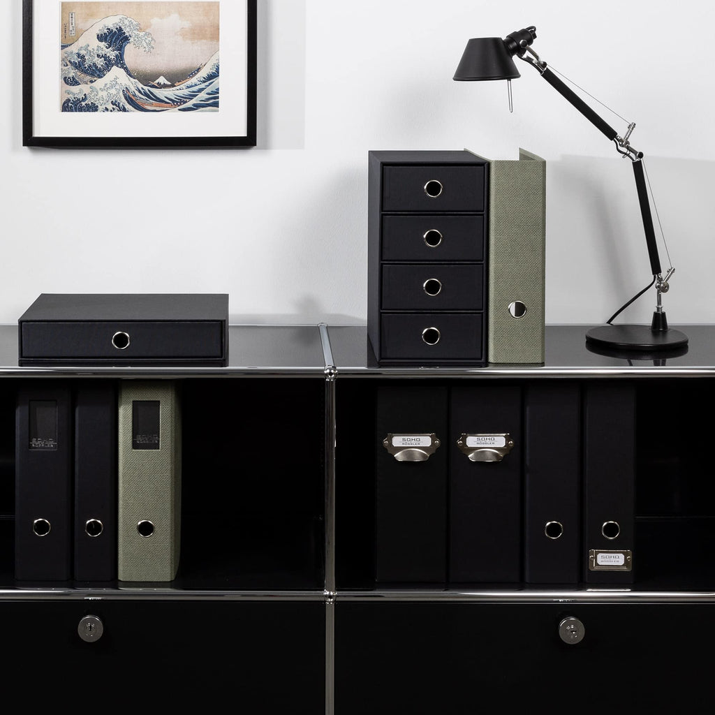 Rössler SOHO 4er Schubladenbox aus Papier | Büro Organizer Schreibtisch | Schubladen Organizer Büro Zubehör & Bürobedarf | Schreibtisch Organizer Box | 18 x 25 x 32 cm | 1 Stück | Farbe: Schwarz