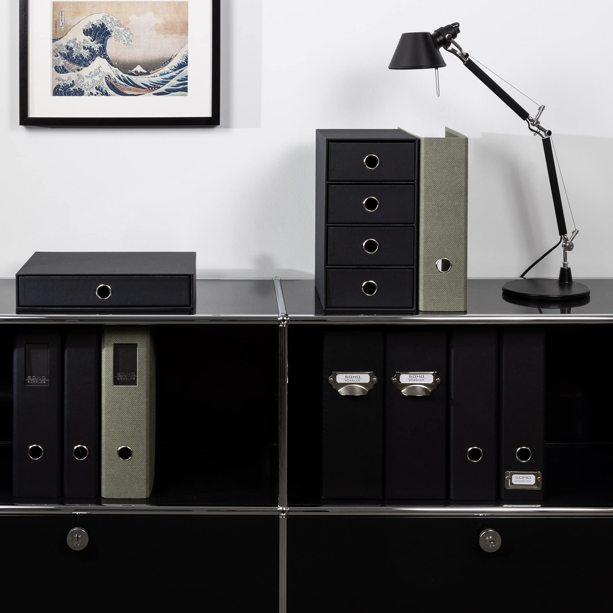 Rössler SOHO 4er Schubladenbox aus Papier | Büro Organizer Schreibtisch | Schubladen Organizer Büro Zubehör & Bürobedarf | Schreibtisch Organizer Box | 18 x 25 x 32 cm | 1 Stück | Farbe: Schwarz