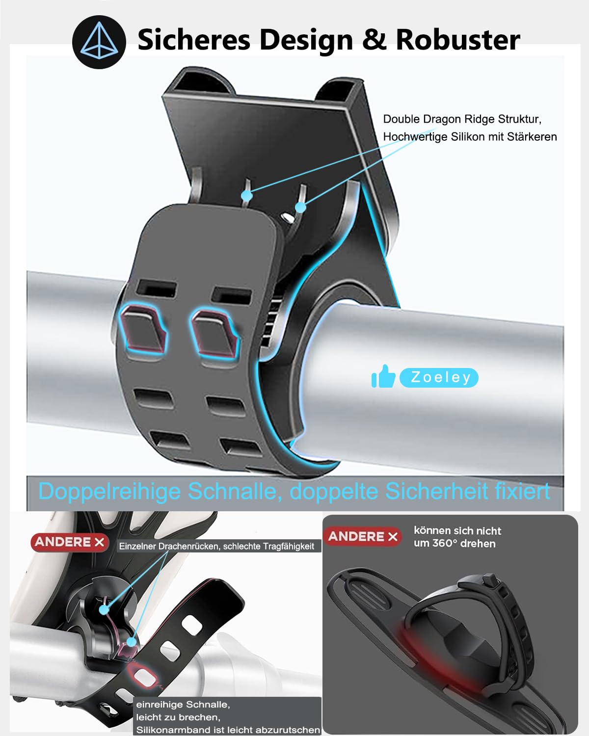 Zoeley Handyhalterung Fahrrad, Universal Handyhalterung Motorrad【1s-Installation】Abnehmbare 360° Drehen【Silikon Anti-Vibration】Fahrradhalterung Lenker Rennrad für alle 4.0-7 Zoll Smartphone (Black)