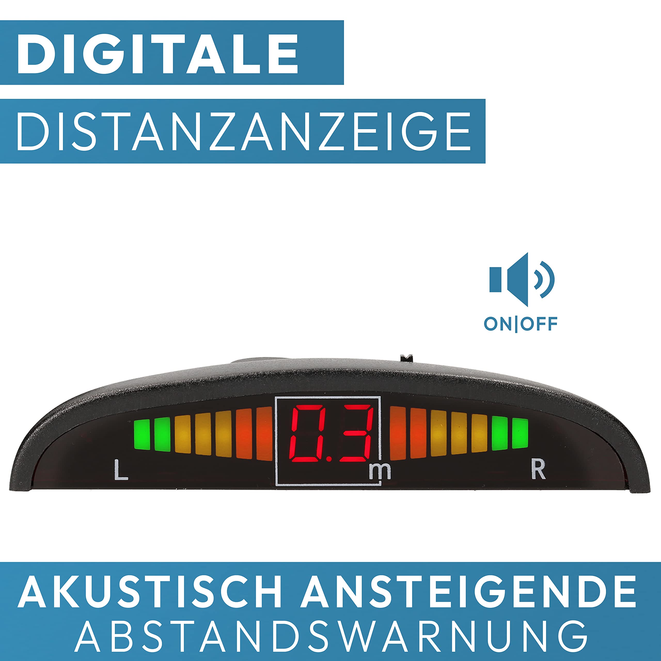 VSG24 Premium Einparkhilfe hinten mit Display zum nachrüsten am Auto, PDC Parksensoren hinten mit Stecksystem für einfachste Montage - 4 Rückfahrwarner Sensoren Parkhilfe Nachrüstsatz Schwarz