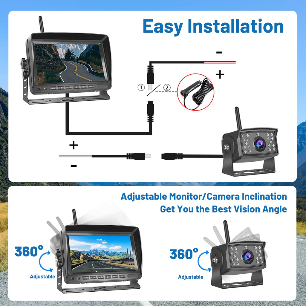 Hikity Kabellos Digital AHD Rückfahrkamera Set mit 7‘’ Split-Screen Monitor IPS Bildschirm & IP66 wasserdichte 18IR Nachtsicht Auto Rückfahrkamera, 12-36V für Auto LKW Wohnmobil Anhänger Van