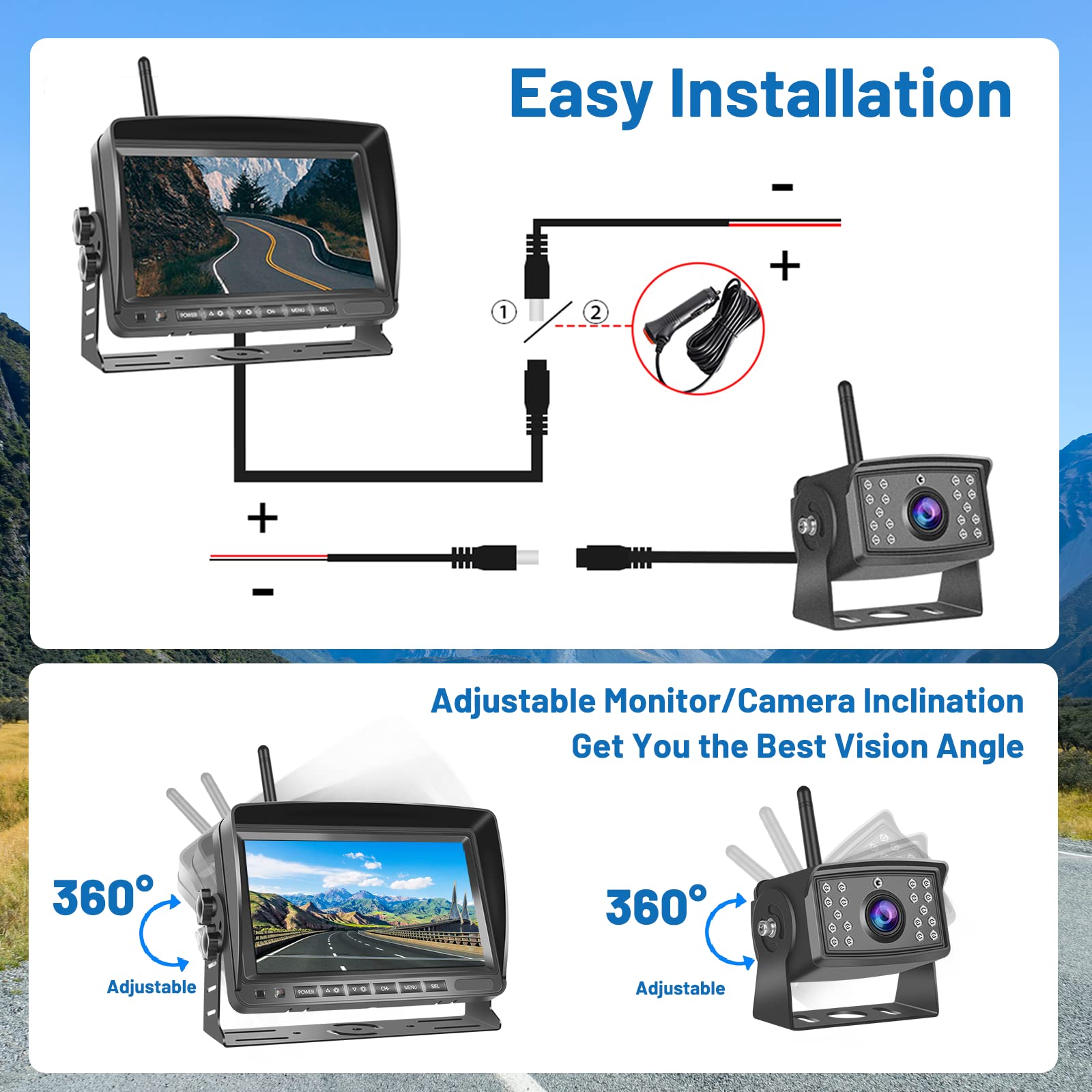 Hikity Kabellos Digital AHD Rückfahrkamera Set mit 7‘’ Split-Screen Monitor IPS Bildschirm & IP66 wasserdichte 18IR Nachtsicht Auto Rückfahrkamera, 12-36V für Auto LKW Wohnmobil Anhänger Van