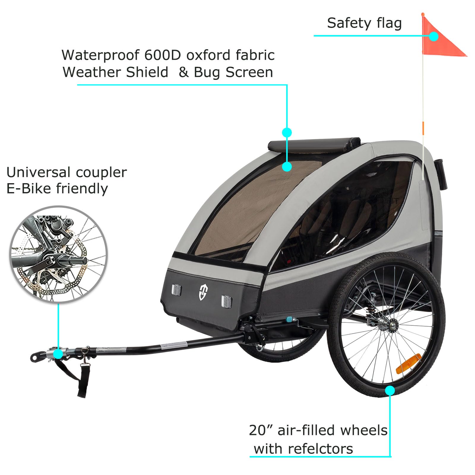 Tiggo VS Kinderanhänger 360° Drehbar mit Federung 2in1 Fahrradanhänger mit Buggy Set Jogger 5-Punkt Gurt Fahrrad Anhänger für 1 bis 2 Kinder max. 40kg (Grau)