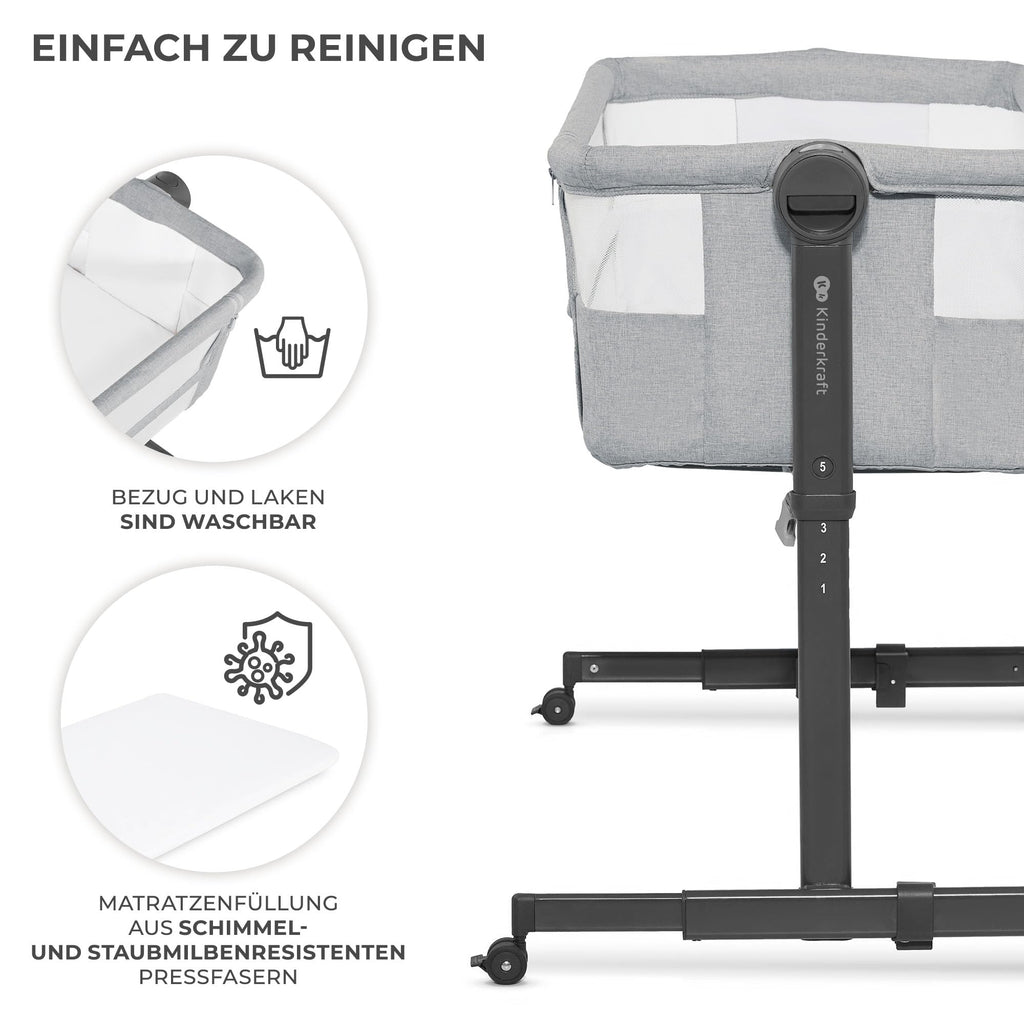 Kinderkraft Neste UP2 Beistellbett 2 in 1, Kinderreisebett mit Matratze Laken, 5-stufige Matratzenhöhenverstellung, 4 Rädern mit Bremse, Weichen Material, Leichte Konstruktion, Grau