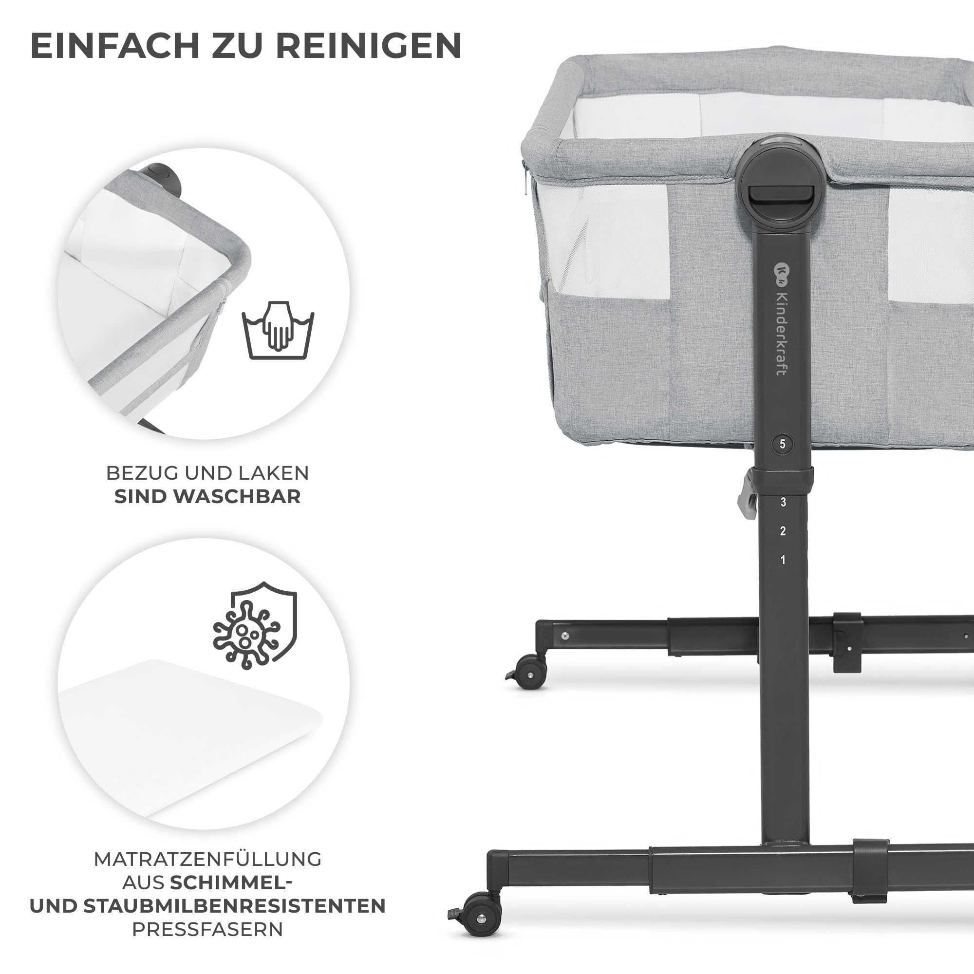 Kinderkraft Neste UP2 Beistellbett 2 in 1, Kinderreisebett mit Matratze Laken, 5-stufige Matratzenhöhenverstellung, 4 Rädern mit Bremse, Weichen Material, Leichte Konstruktion, Grau