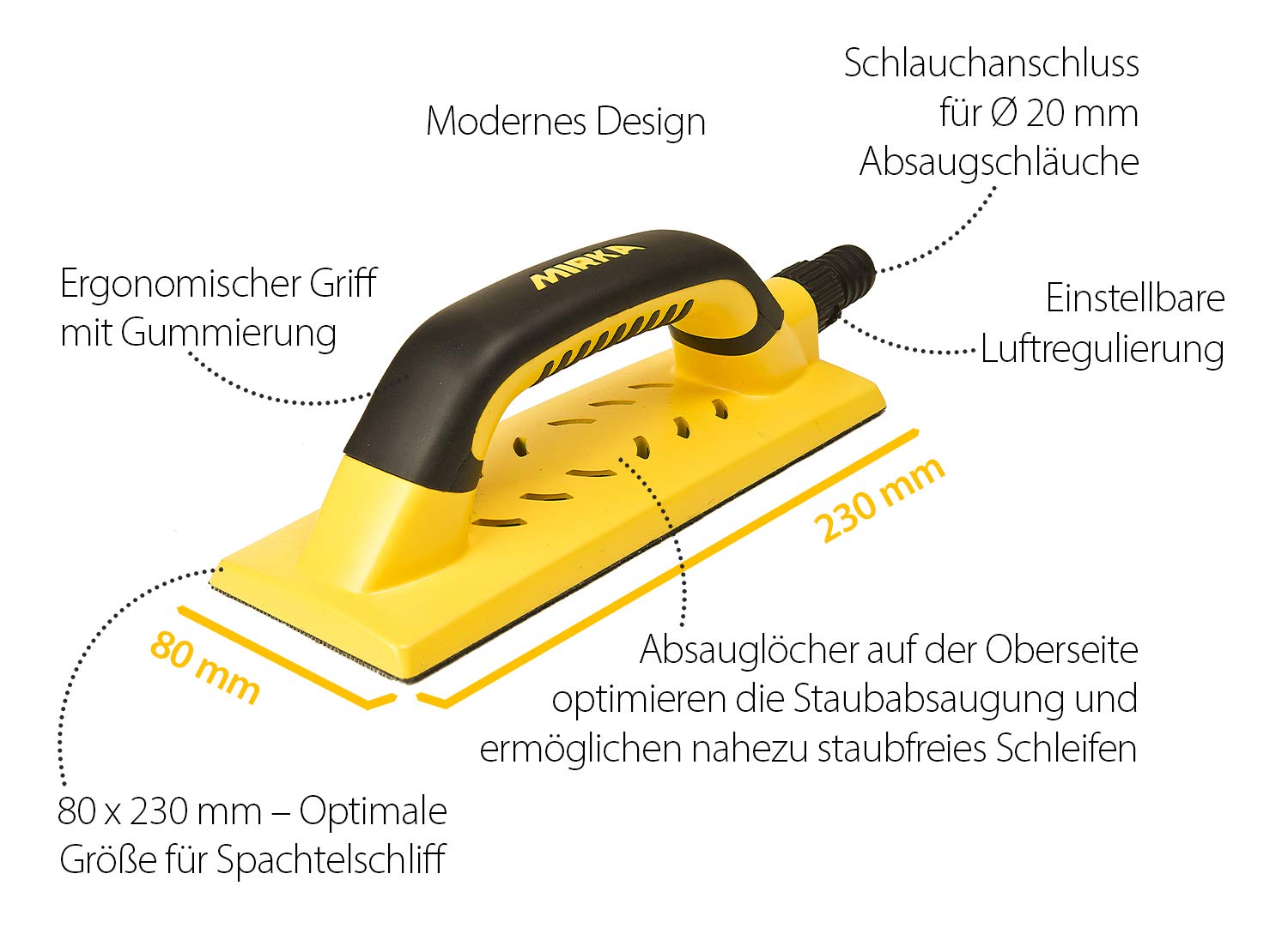 Mirka Handy Handschleifer mit Klett und Absaugung für 80x230mm Schleifstreifen, Schleifklotz zum Schleifen von Spachtel, Gips, Holz, Staubfreies Schleifen, 8391200111