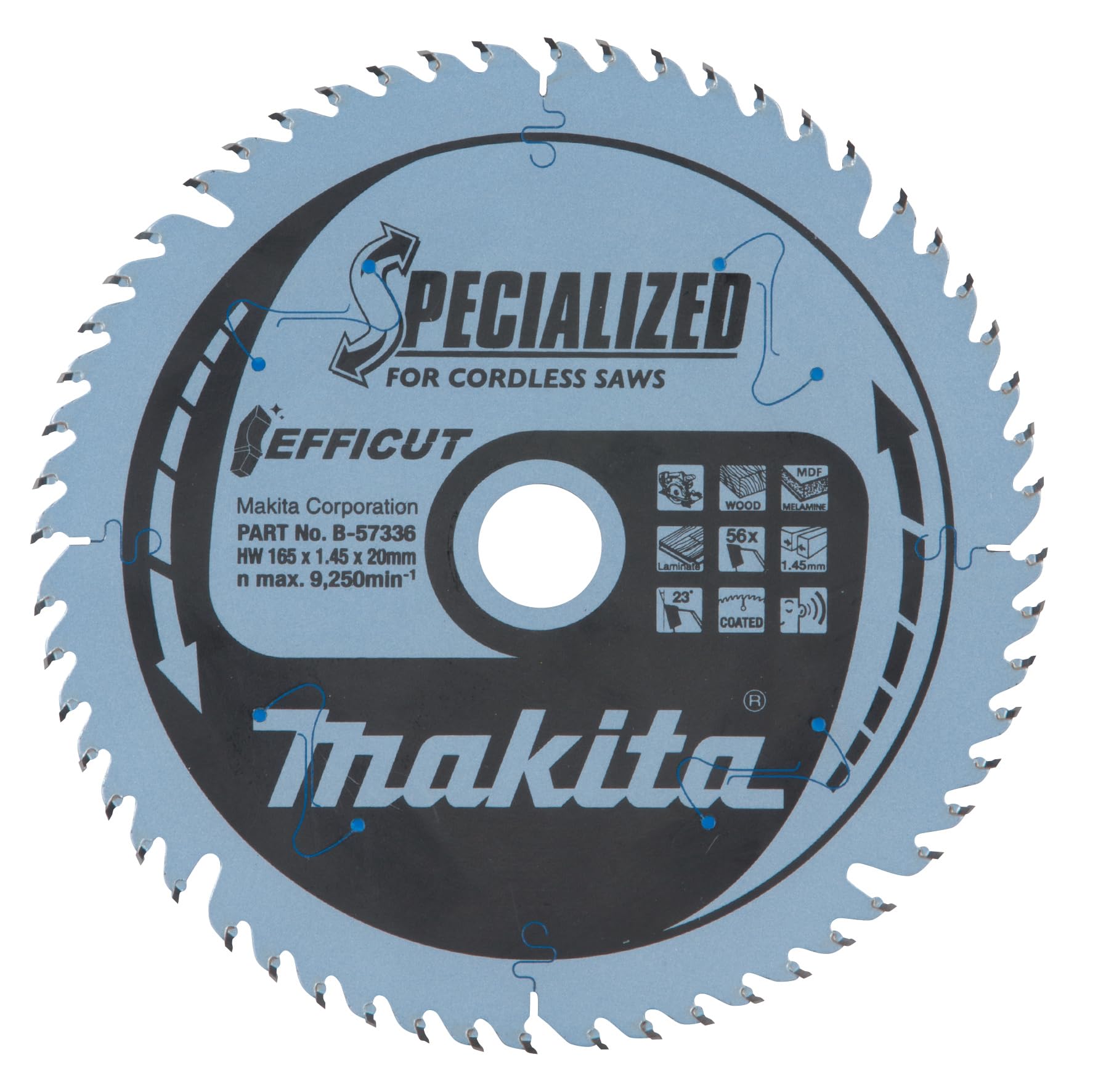 Makita B-57336 EFFICUT Kreissägeblatt Ø 165 x 1,45 x 20 mm, 56 Zähne, 23° Zahnwinkel, sehr saubere und schnelle Schnitte in Holz, MDF, Laminat, für Akku-Handkreissägen