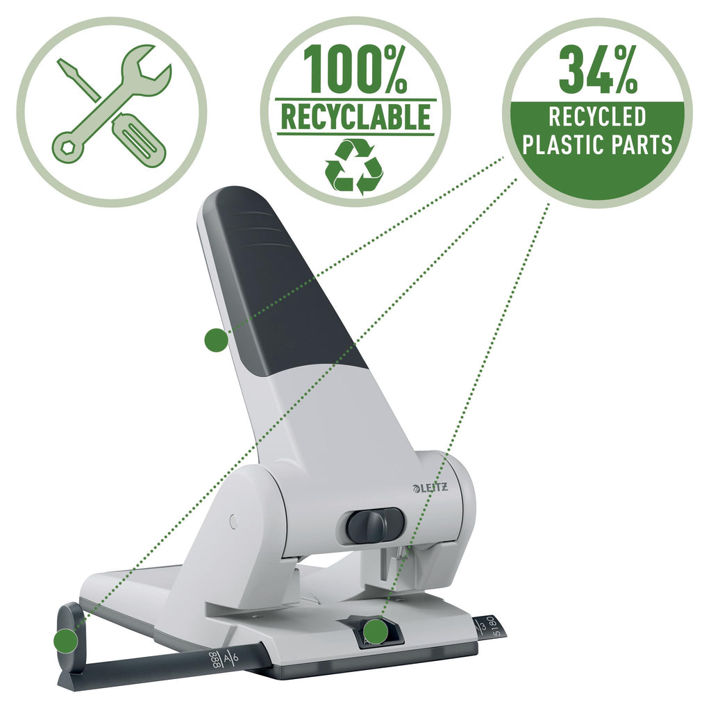 Leitz Extrastarker Registratur-Locher, Für 65 Blatt, Großer leistungsstarker Locher für müheloses Lochen im Büro, Aus Aluminiumdruckguss, recycelte Kunststoffteile, 100% recycelbar, Schwarz, 51800095