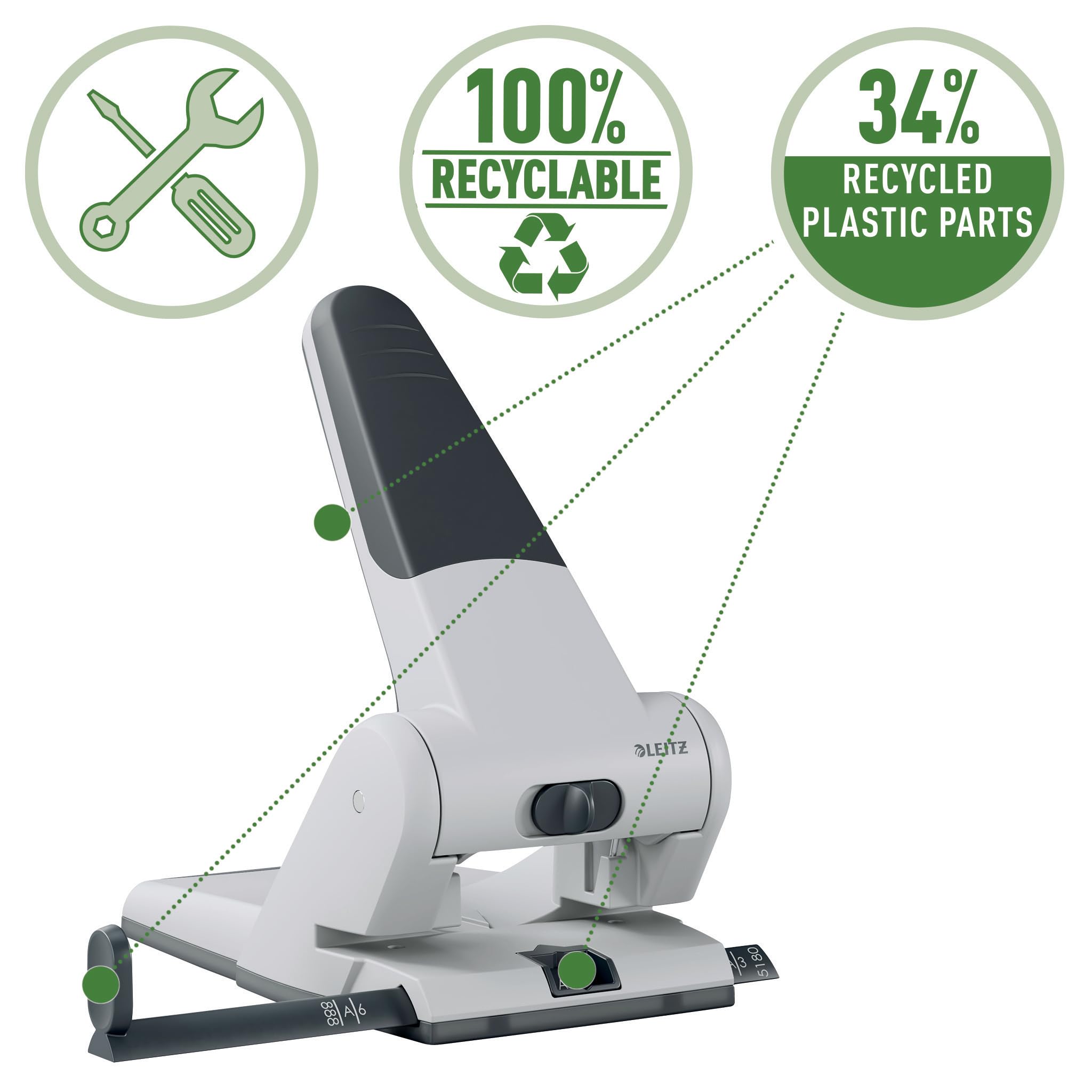 Leitz Extrastarker Registratur-Locher, Für 65 Blatt, Großer leistungsstarker Locher für müheloses Lochen im Büro, Aus Aluminiumdruckguss, recycelte Kunststoffteile, 100% recycelbar, Schwarz, 51800095