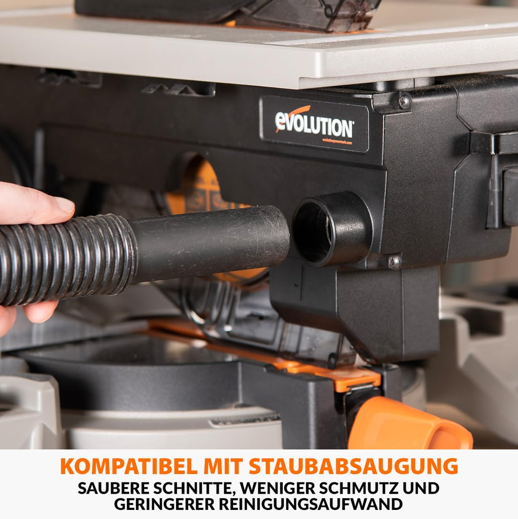 Evolution Power Tools R210MTS-G2 Vielseitige Kapp- und Tischsäge, kompakt, multifunktional, schneidet verschiedene Materialien, TCT-Sägeblatt für Holz, Kunststoff und Metall, 210mm