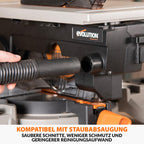 Evolution Power Tools R210MTS-G2 Vielseitige Kapp- und Tischsäge, kompakt, multifunktional, schneidet verschiedene Materialien, TCT-Sägeblatt für Holz, Kunststoff und Metall, 210mm